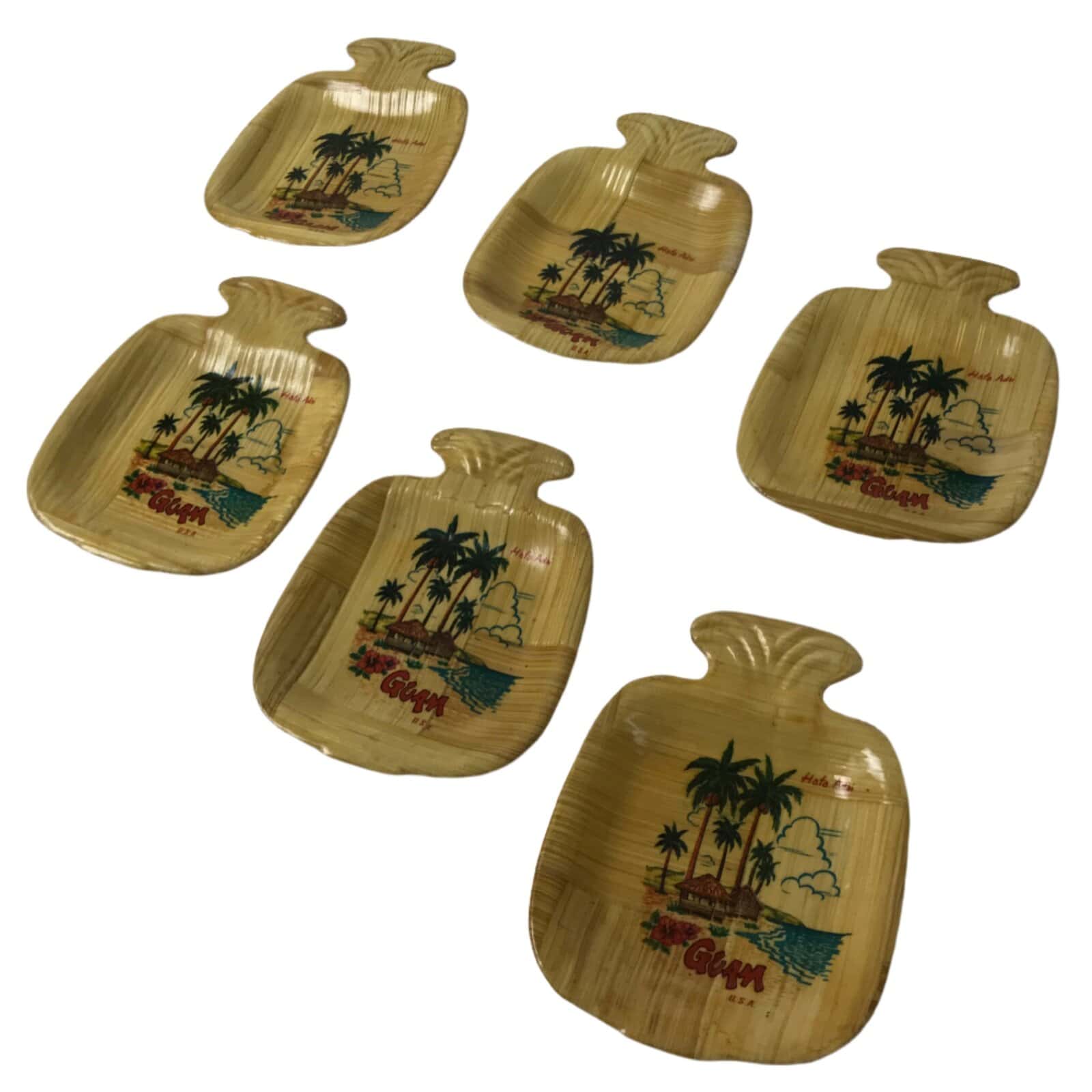 Guam Bamboo Drink Saucer Chataku Coaster Souvenir Vtg 6pc Brown Palm Tree L388