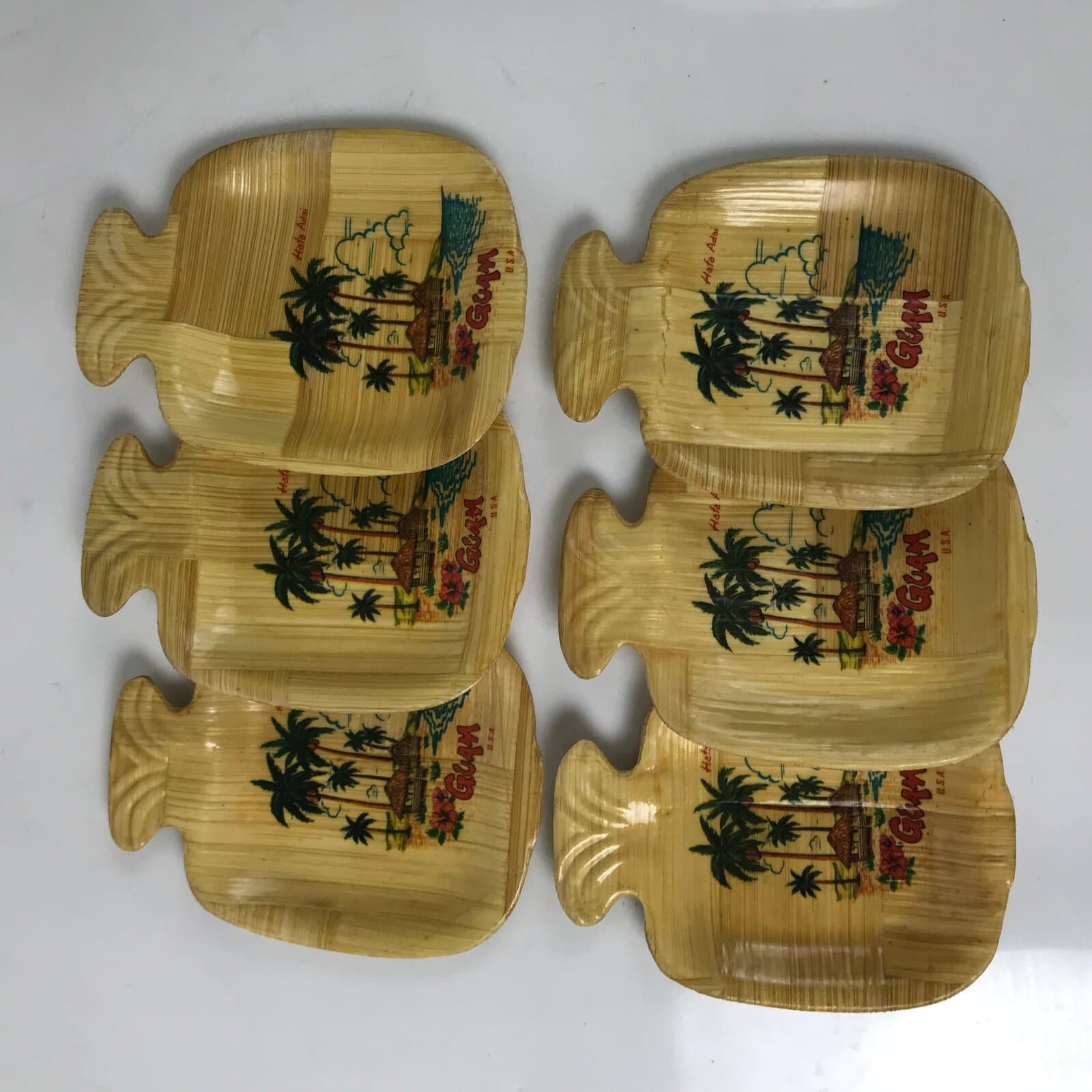 Guam Bamboo Drink Saucer Chataku Coaster Souvenir Vtg 6pc Brown Palm Tree L388