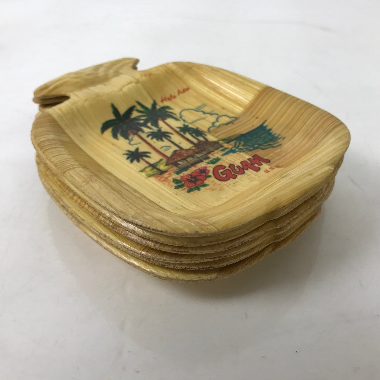 Guam Bamboo Drink Saucer Chataku Coaster Souvenir Vtg 6pc Brown Palm Tree L388