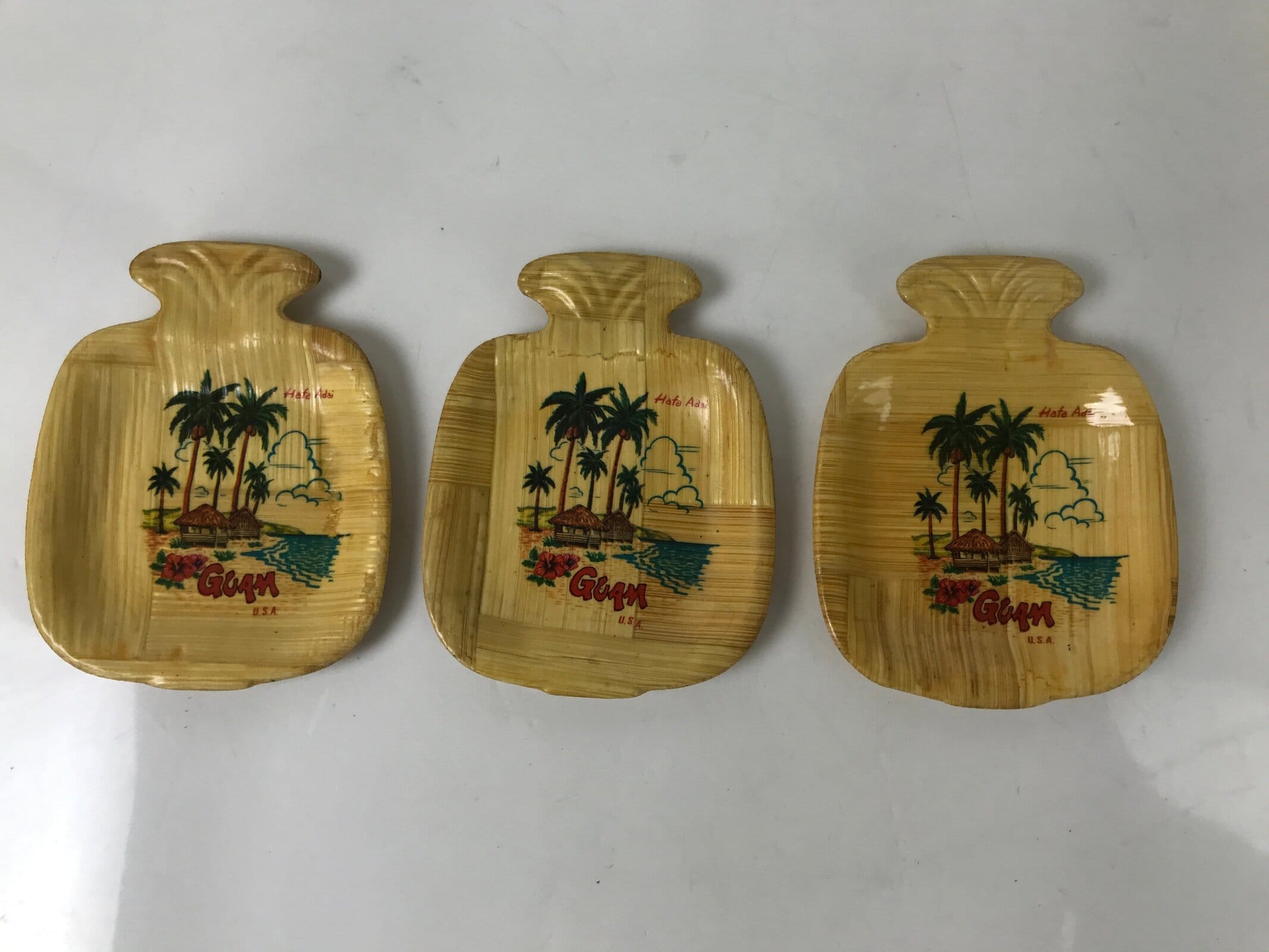Guam Bamboo Drink Saucer Chataku Coaster Souvenir Vtg 6pc Brown Palm Tree L388
