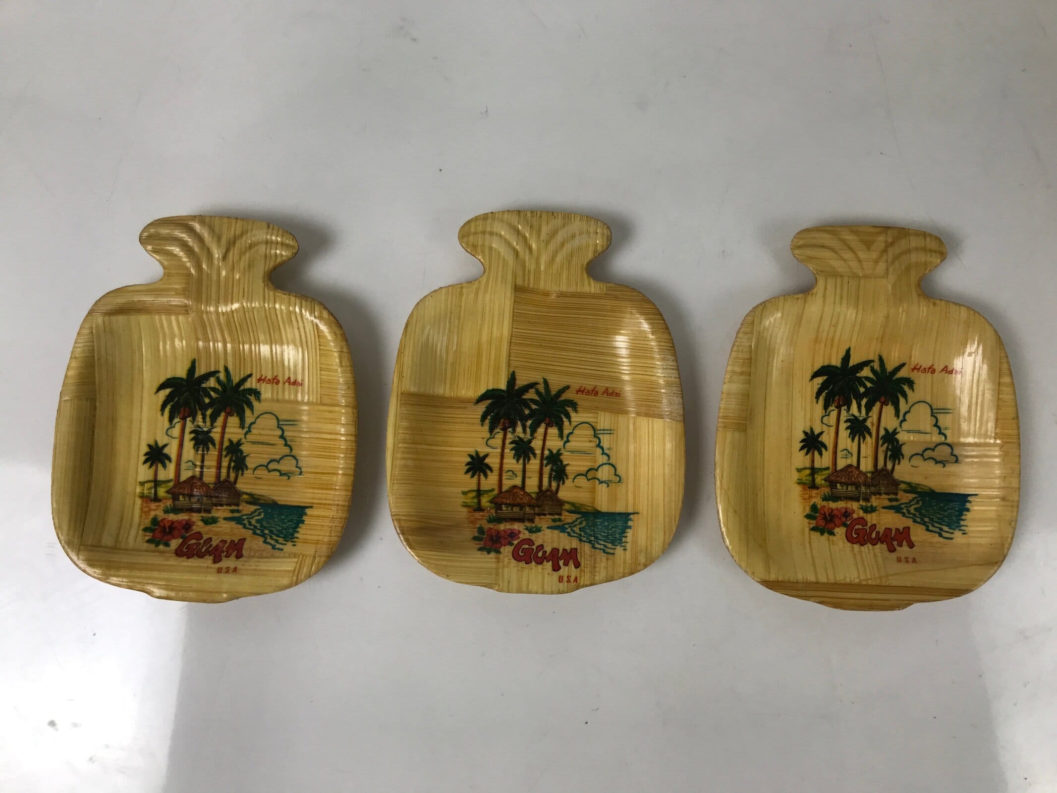 Guam Bamboo Drink Saucer Chataku Coaster Souvenir Vtg 6pc Brown Palm Tree L388