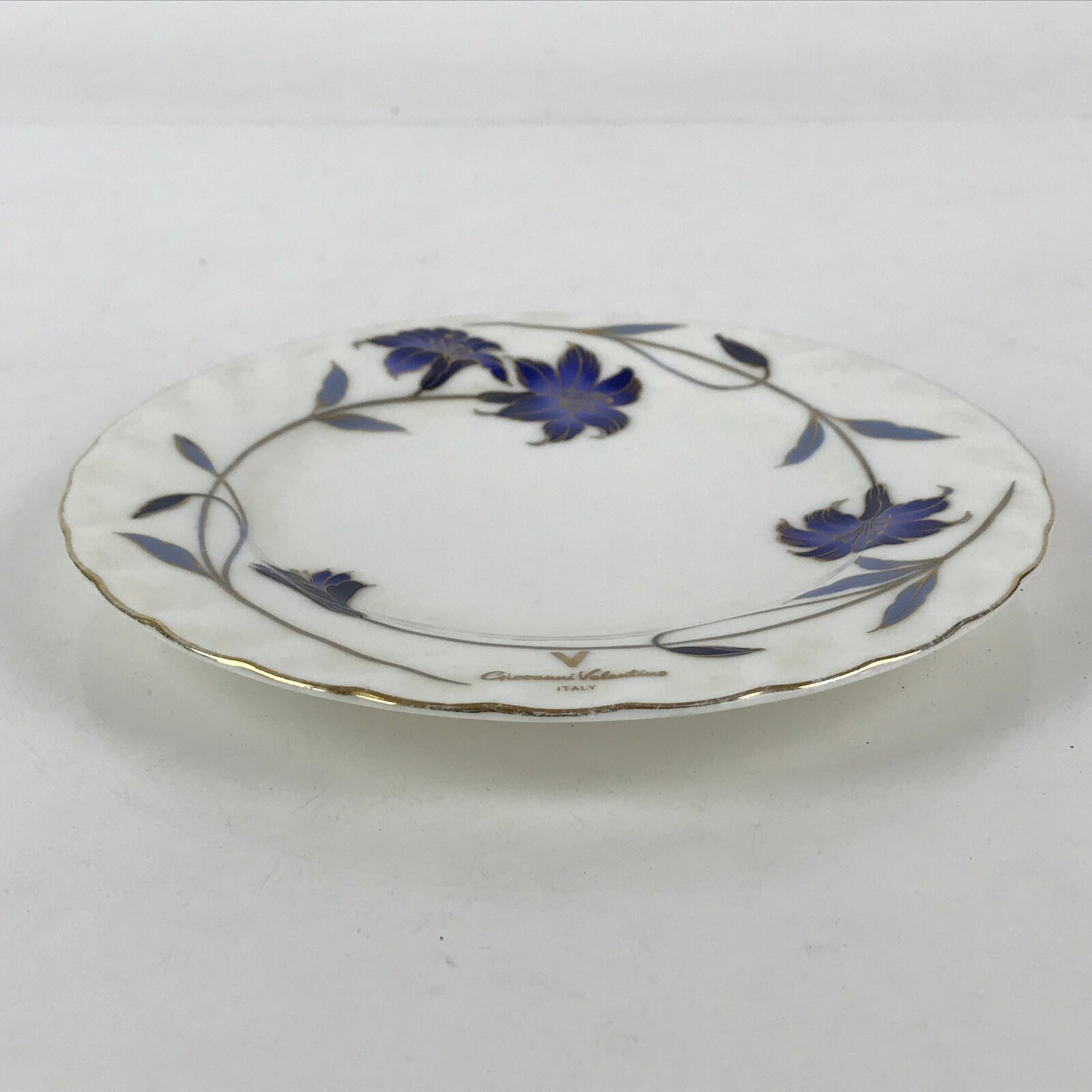 Italian Giovanni Valentino Porcelain Plate Blue Gold Flower Design White PY244