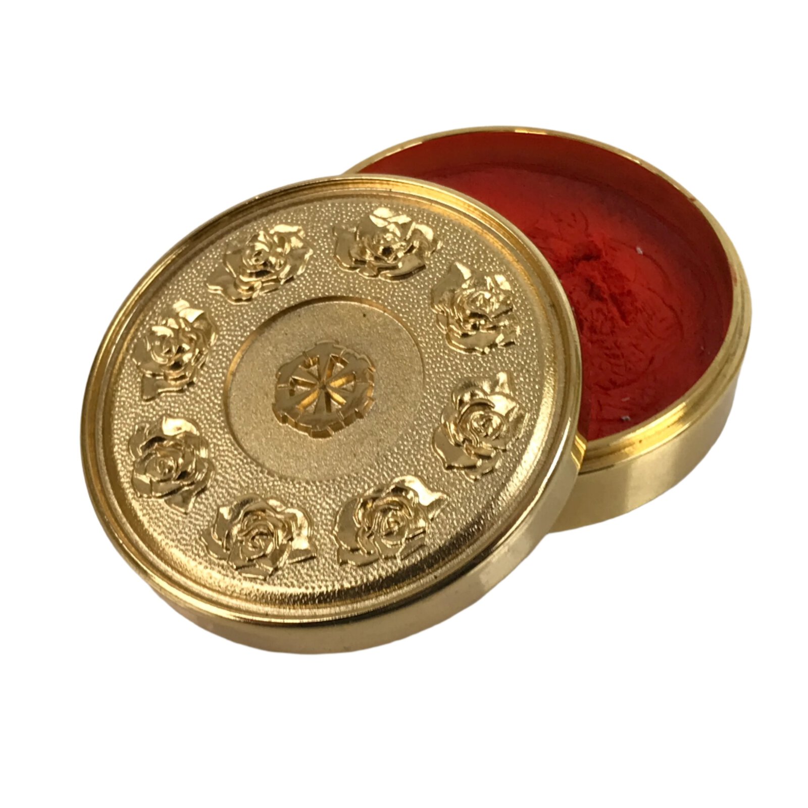 Japanese 24KGP Hanko Ink Pad Case Vtg Gold Red Shuniku Rose Mandala w/Box SZ58