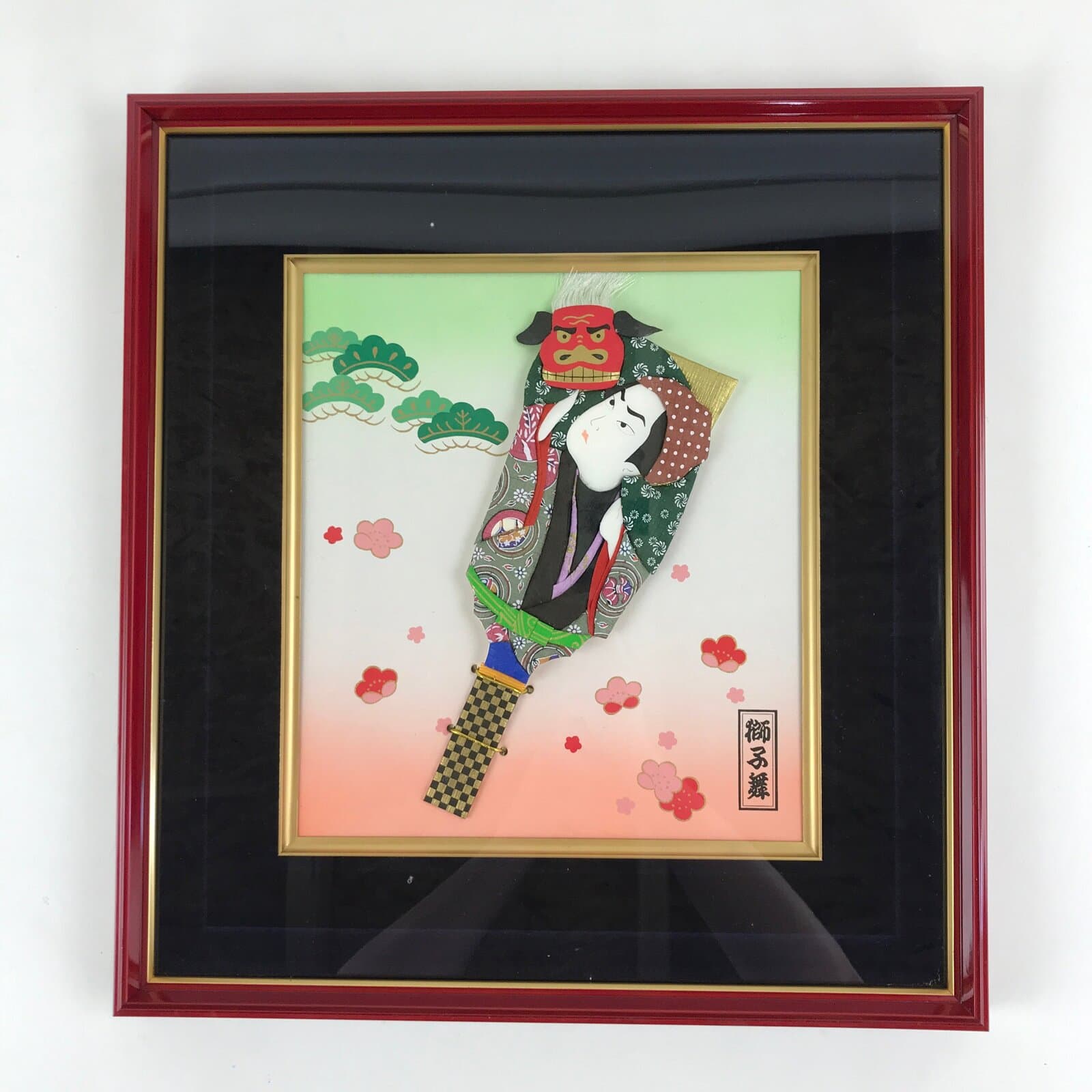 Japanese 3D Hagoita Shikishi Art Vtg Red Lacquer Frame Shishimai Lion Dance FR4