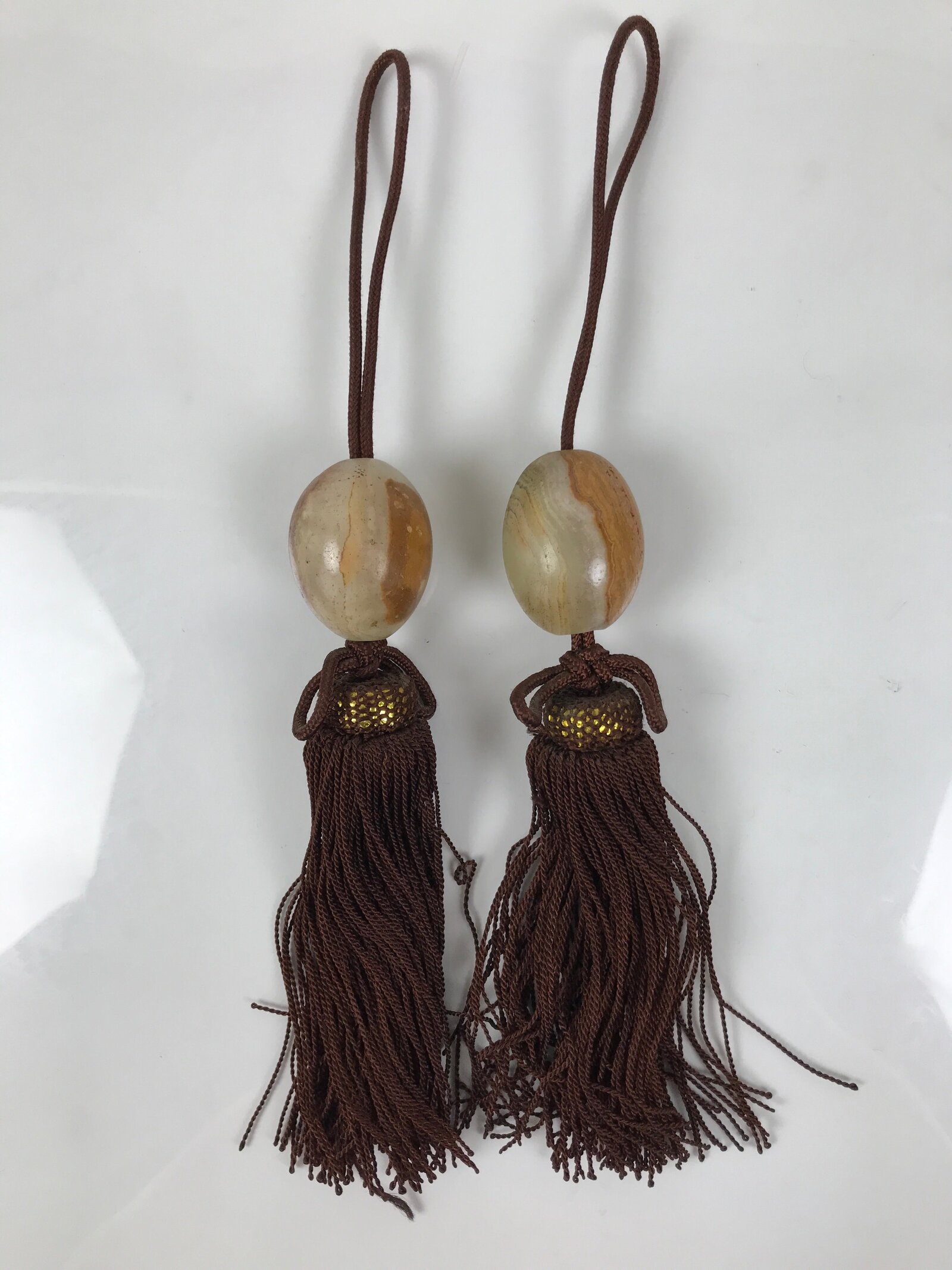 Japanese Agate Stone Hanging Scroll Weights Fuchin Kakejiku Brown Tassel FC369