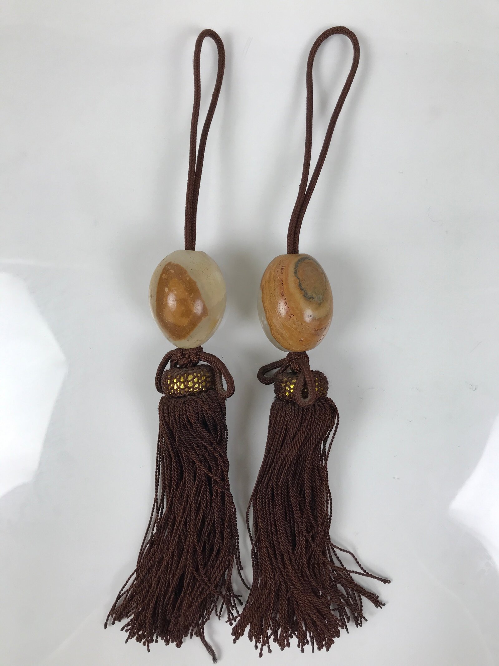 Japanese Agate Stone Hanging Scroll Weights Fuchin Kakejiku Brown Tassel FC369