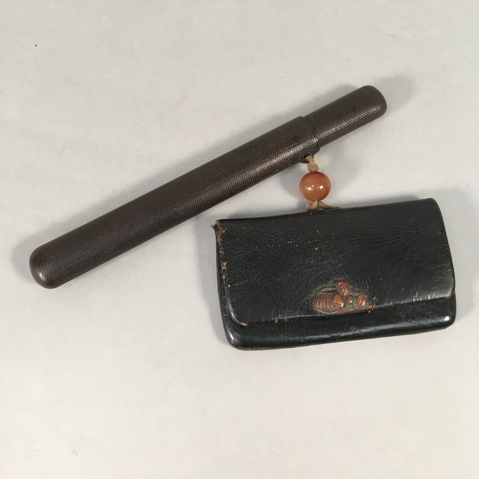 Japanese Antique Tobacco Pouch Pipe Case Jade Leather Meiji Era C1900 K123