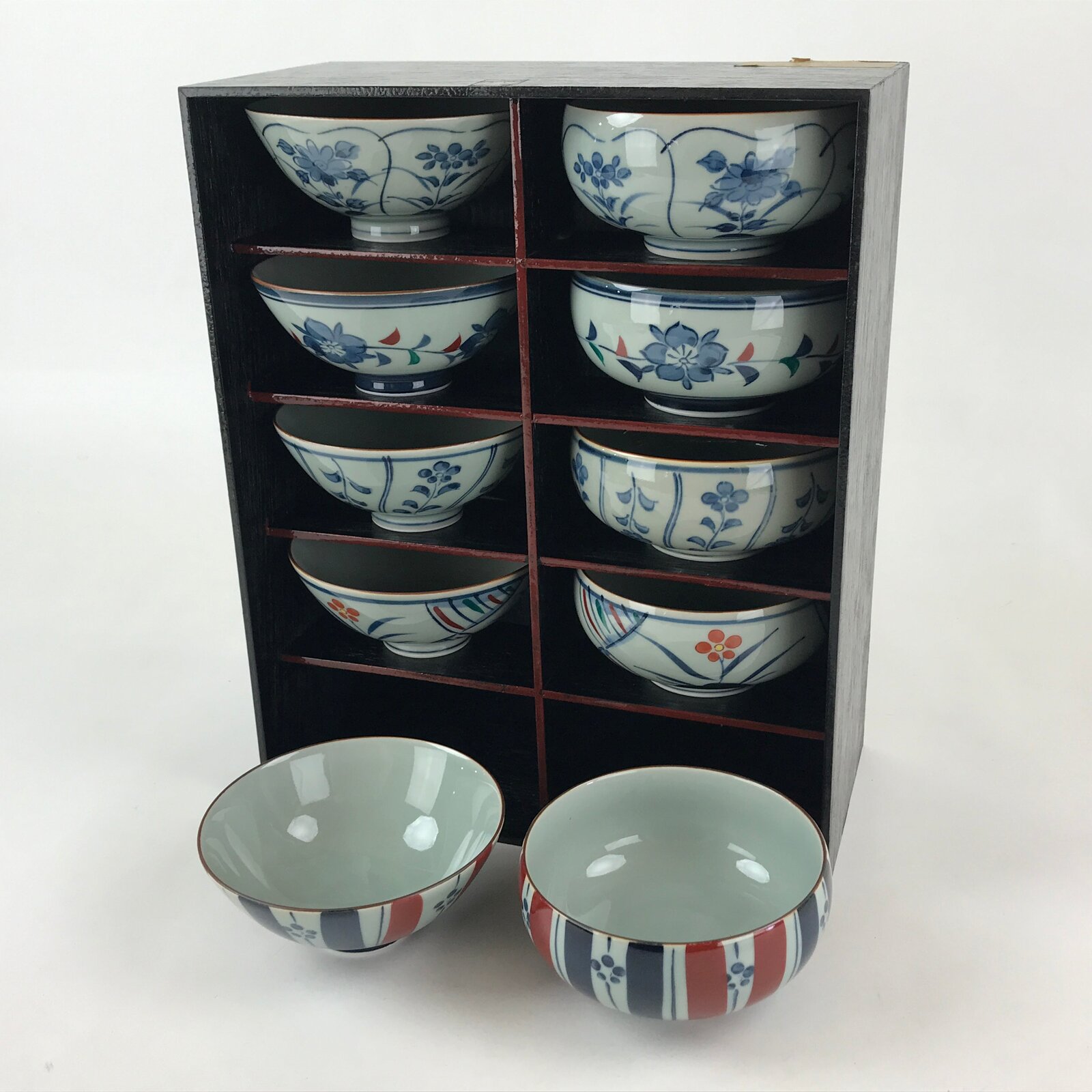 Japanese Arita Ware Porcelain Rice bowl 10pc Vtg Boxed Chawan Asahide Kiln PX688