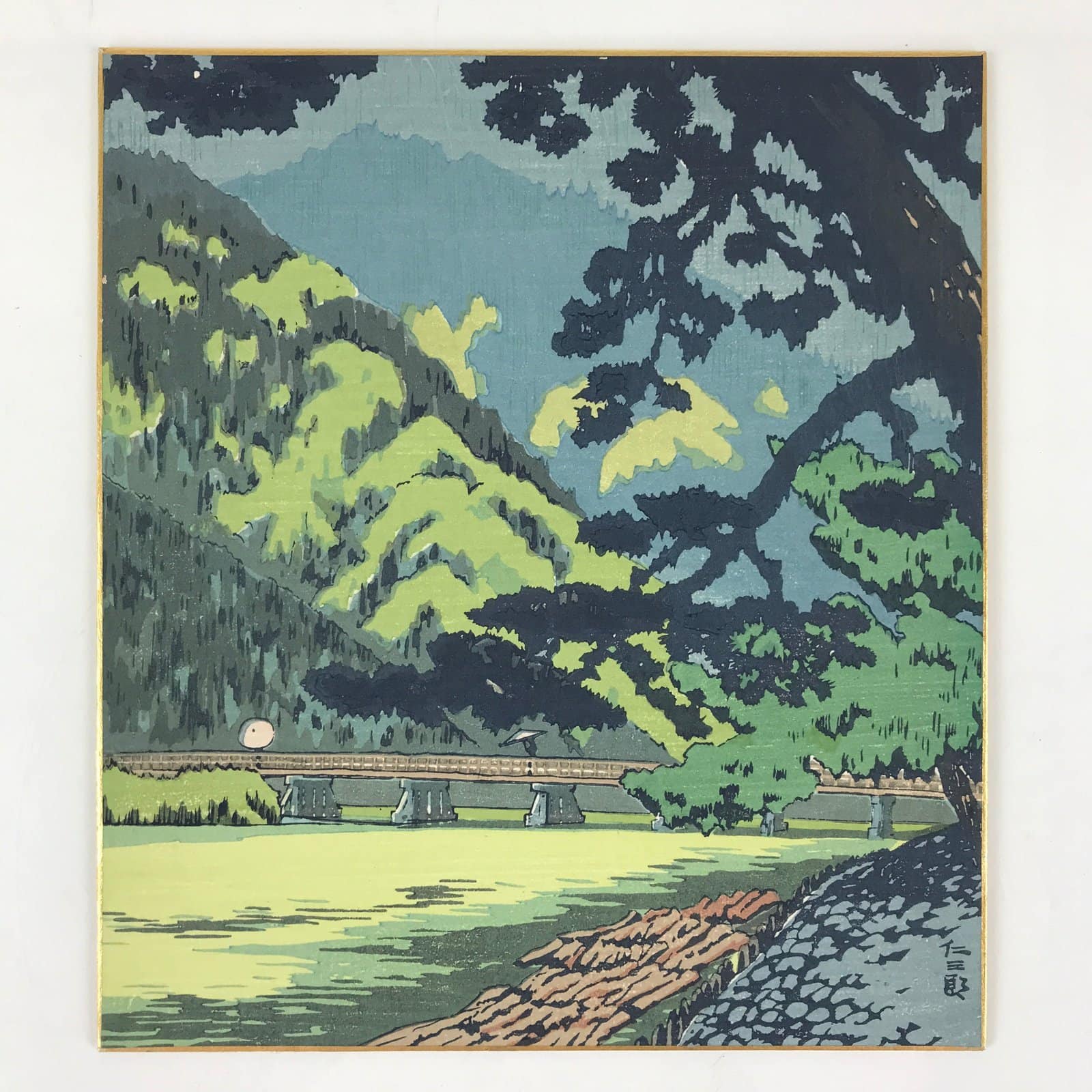 Japanese Art Board Hanga Print Kyoto River Bridge Nature Shikishi Paper A490