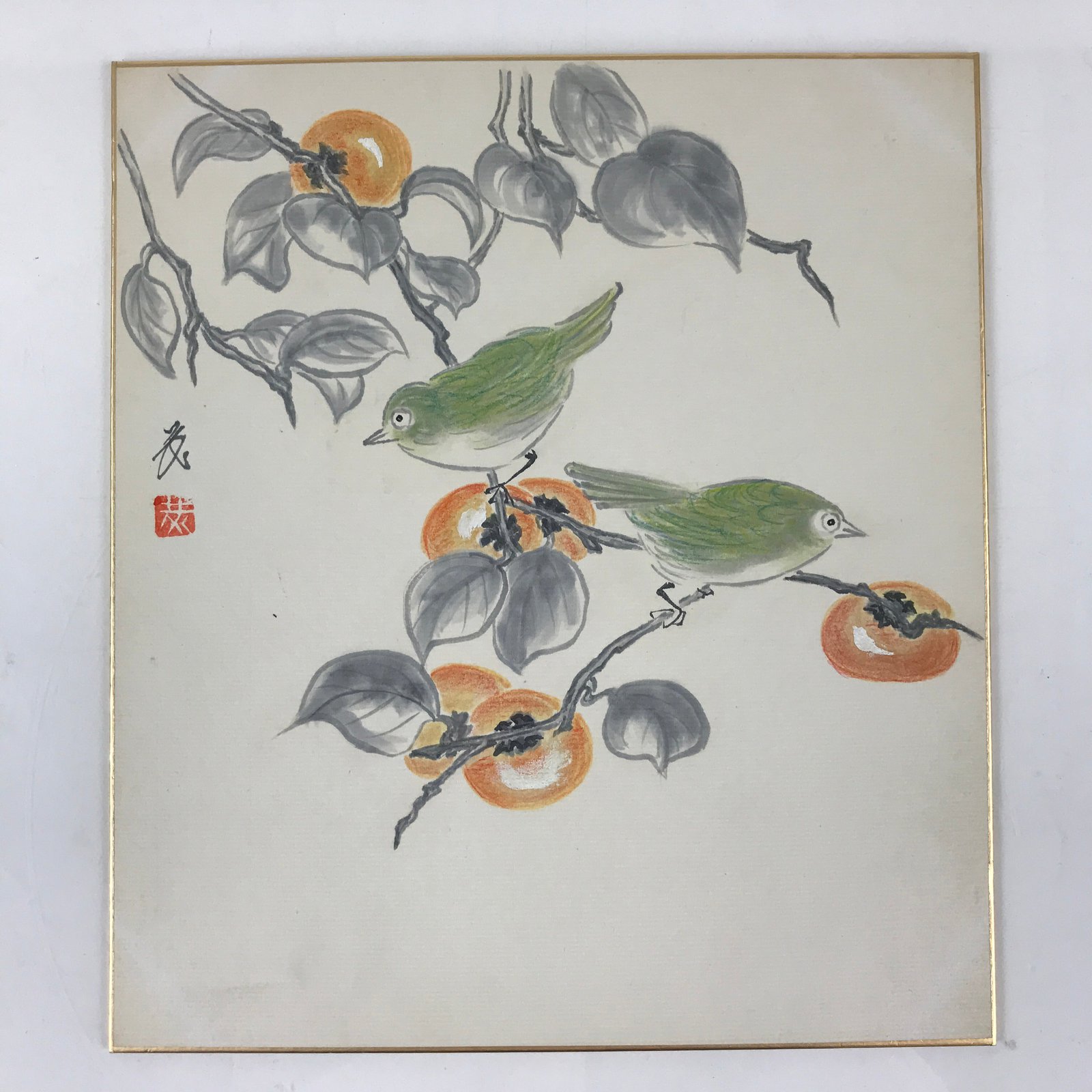 Japanese Art Board Painting Autumn Persimmon Shikishi Paper Hand Drawn A484