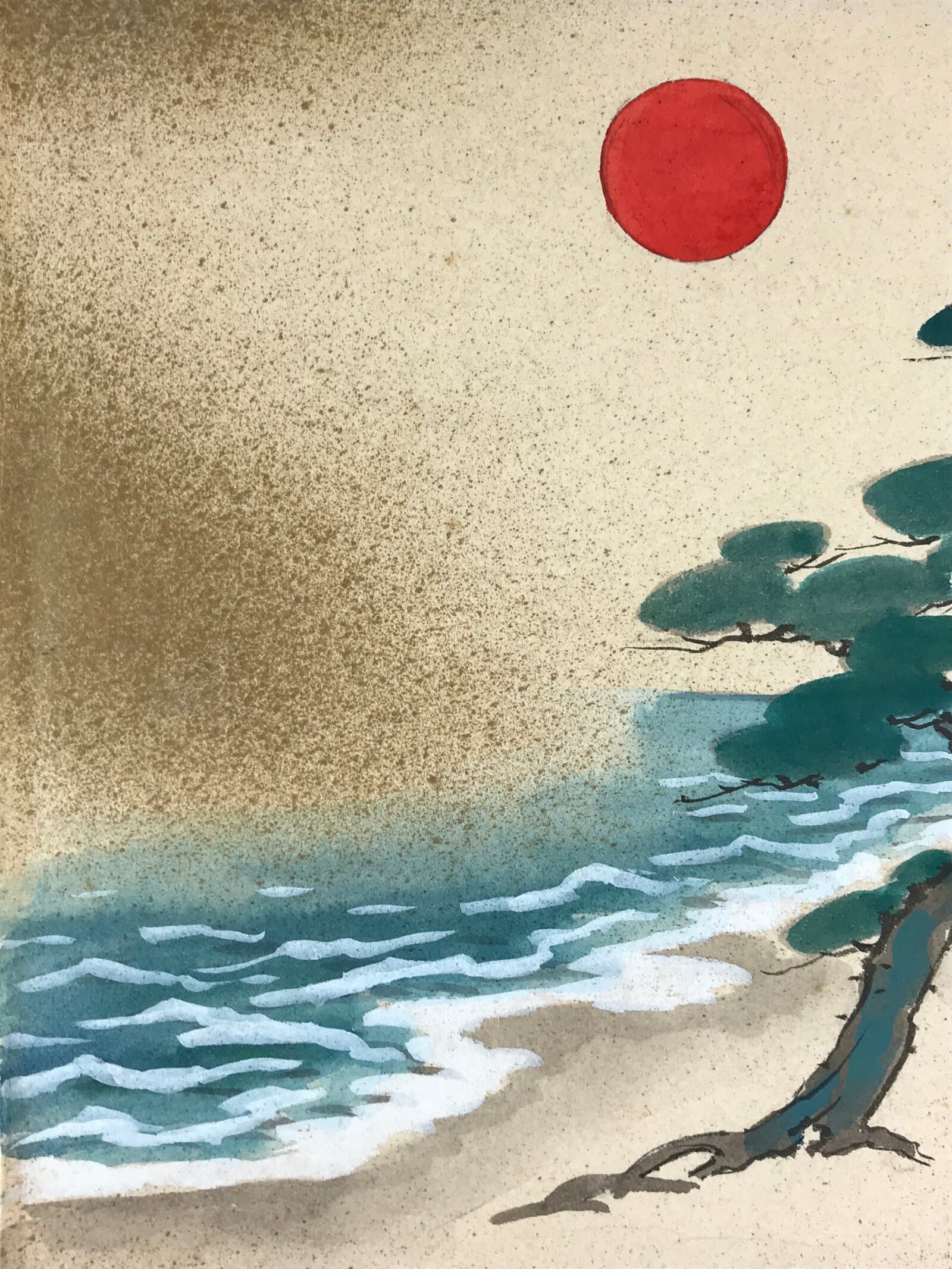 Japanese Art Board Painting Rising Sun Pine Tree Beach Paper Hand Painted A487