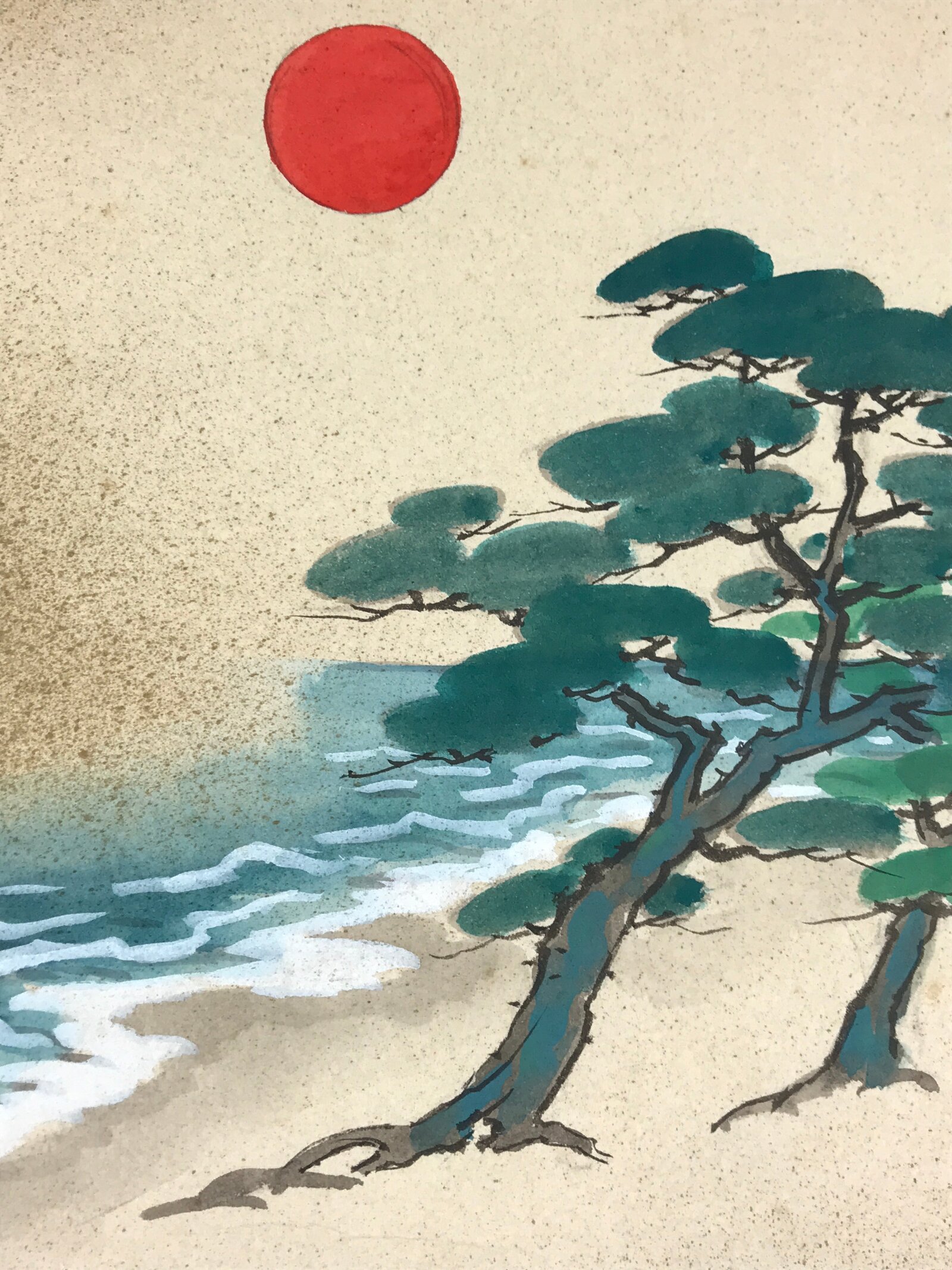 Japanese Art Board Painting Rising Sun Pine Tree Beach Paper Hand Painted A487