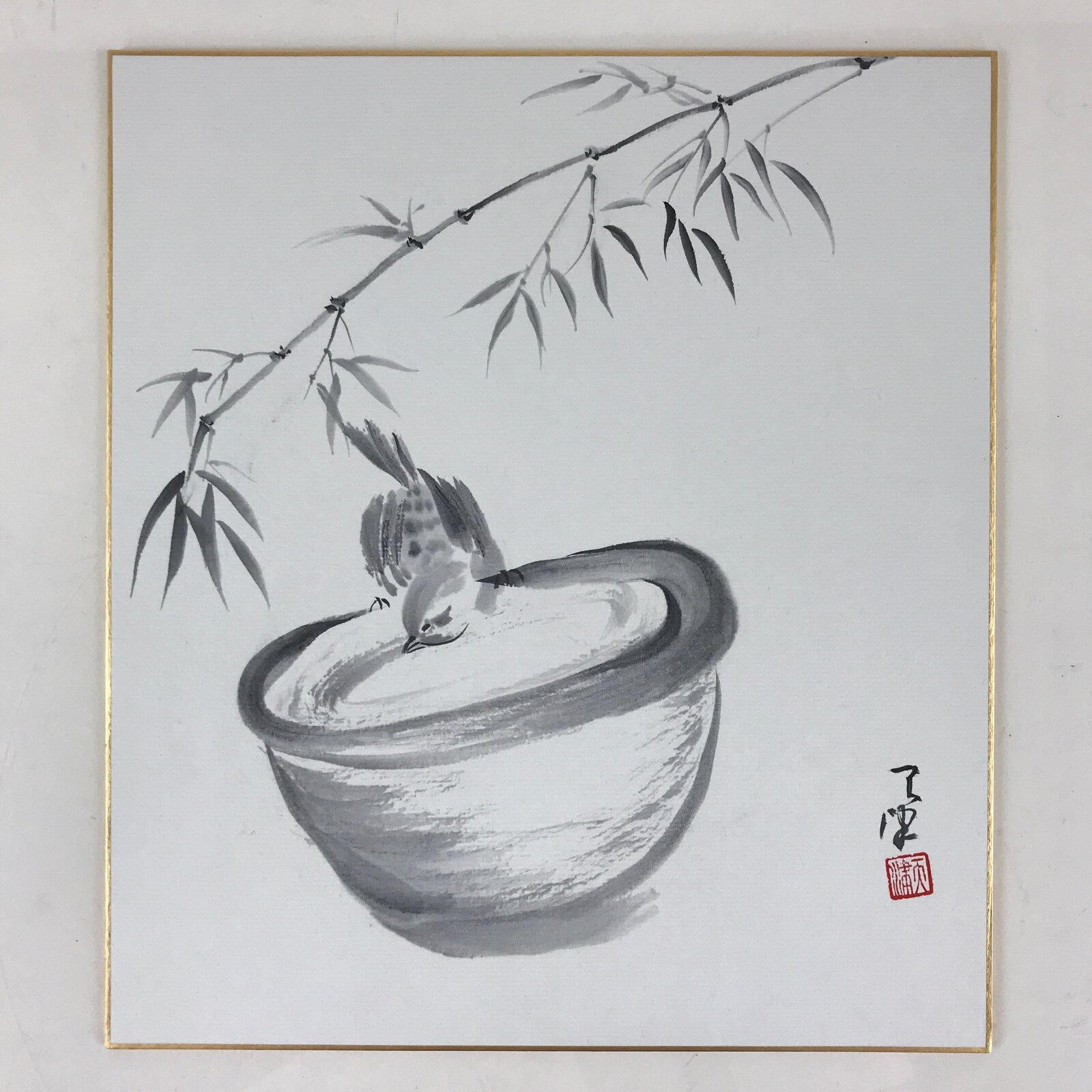 Japanese Art Board Painting Shikishi Sparrow Tree Paper Hand Painted Signed A491