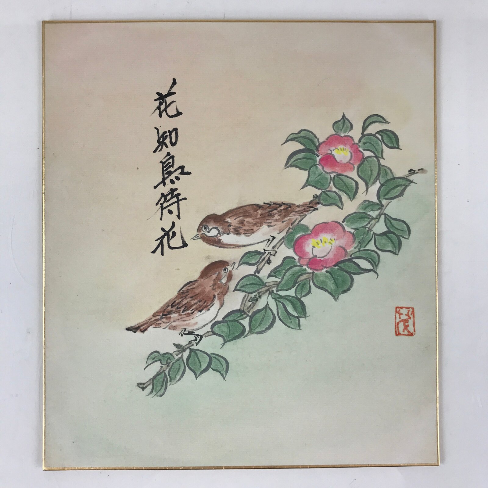 Japanese Art Board Painting Spring Scene Shikishi Paper Camellia Sparrow A485