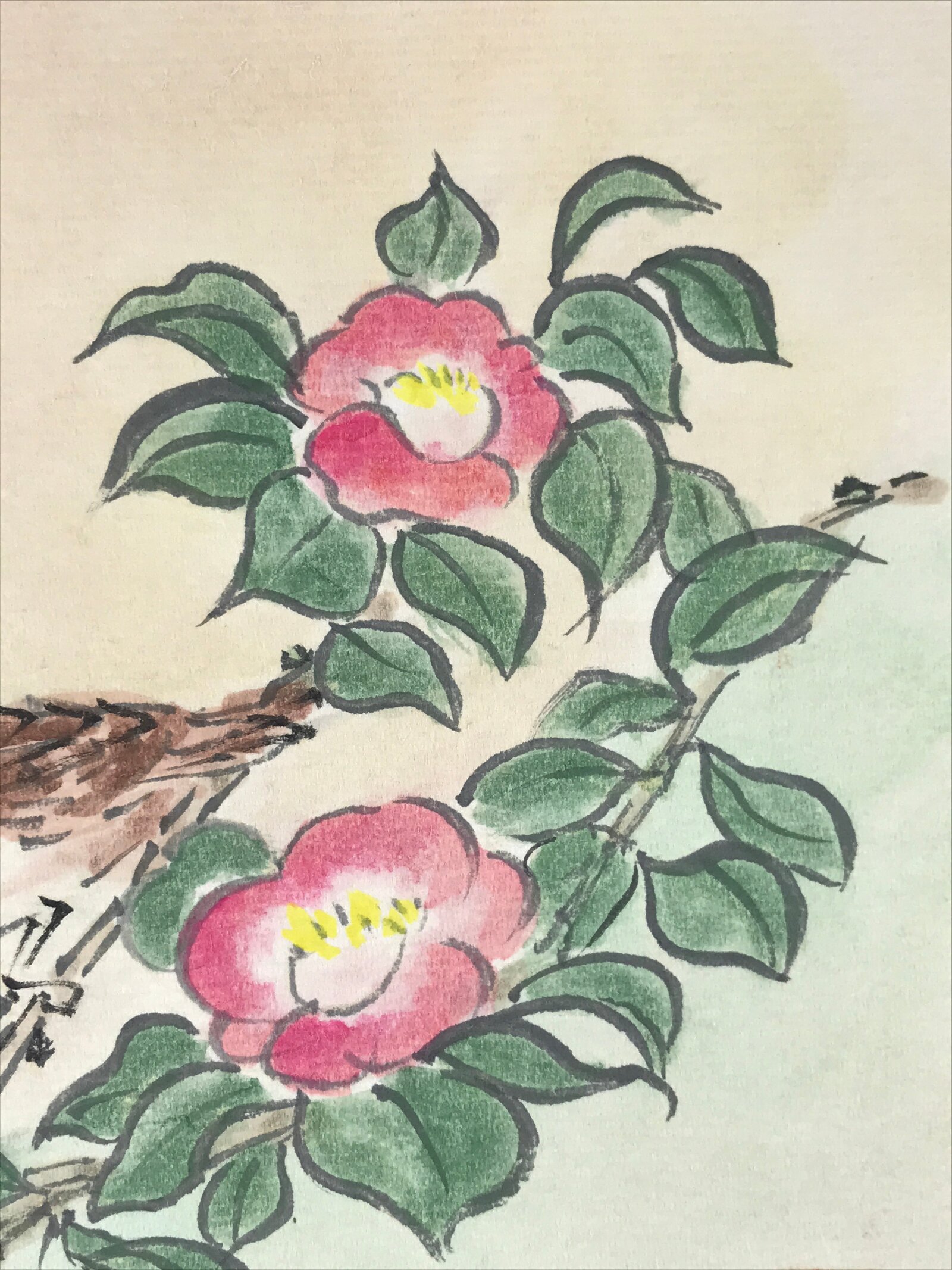 Japanese Art Board Painting Spring Scene Shikishi Paper Camellia Sparrow A485