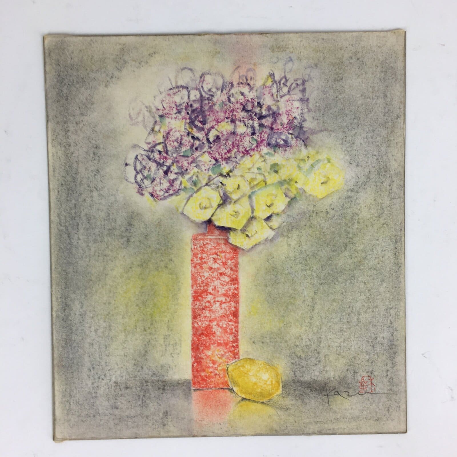 Japanese Art Board Vtg Hand Drawn Picture Flower Vase Lemon A423