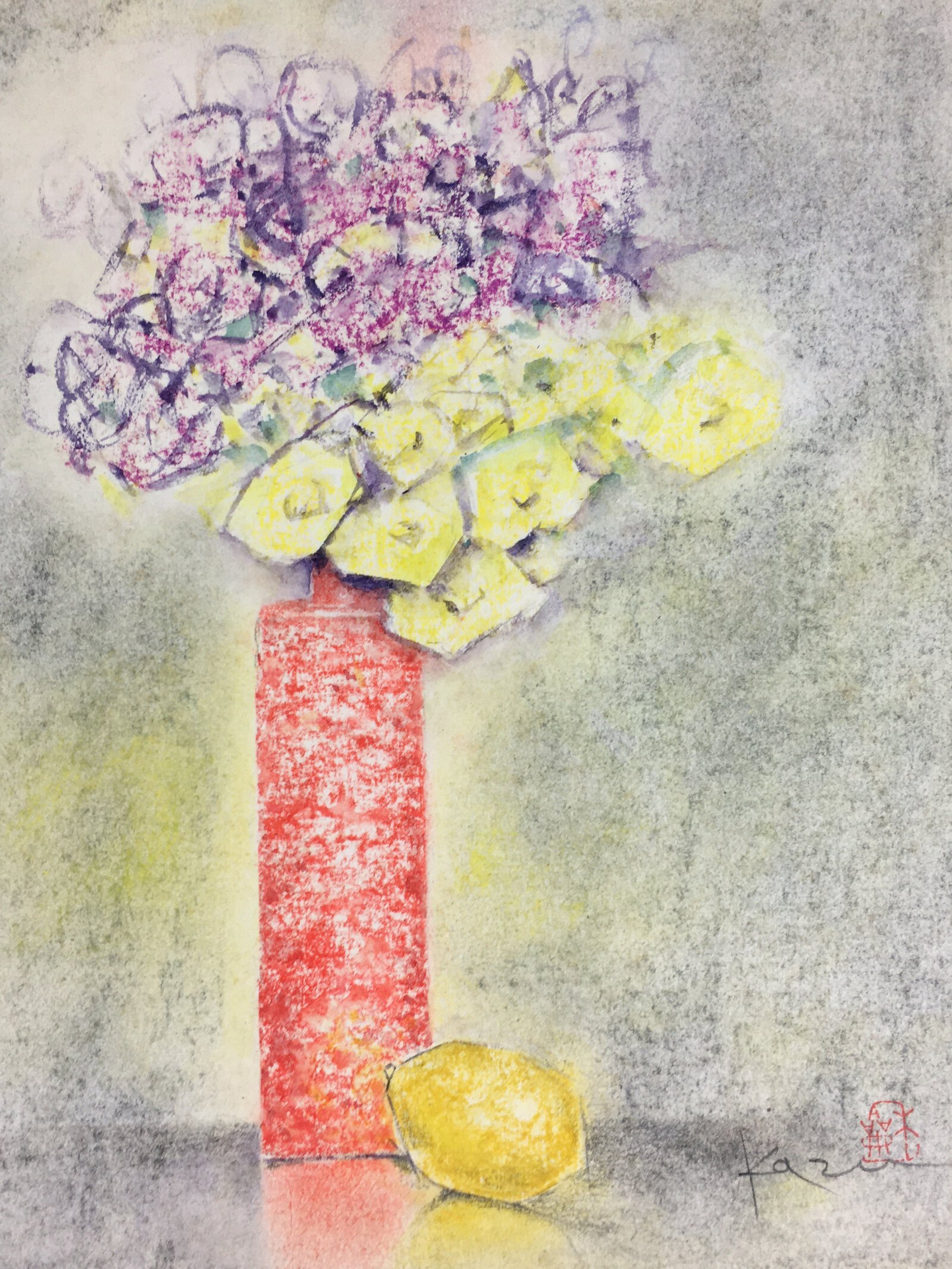 Japanese Art Board Vtg Hand Drawn Picture Flower Vase Lemon A423