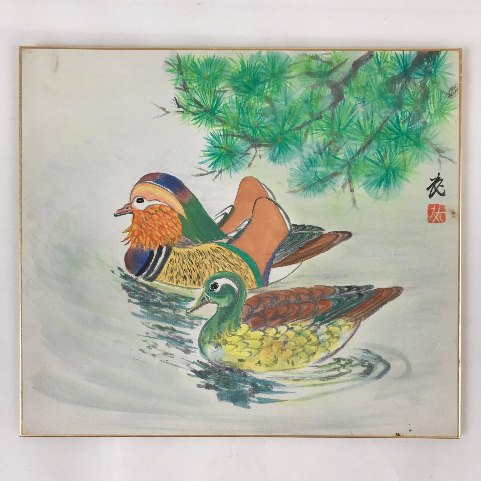 Japanese Art Board Vtg Shikishi Paper Hand Drawn Picture Ducks A446