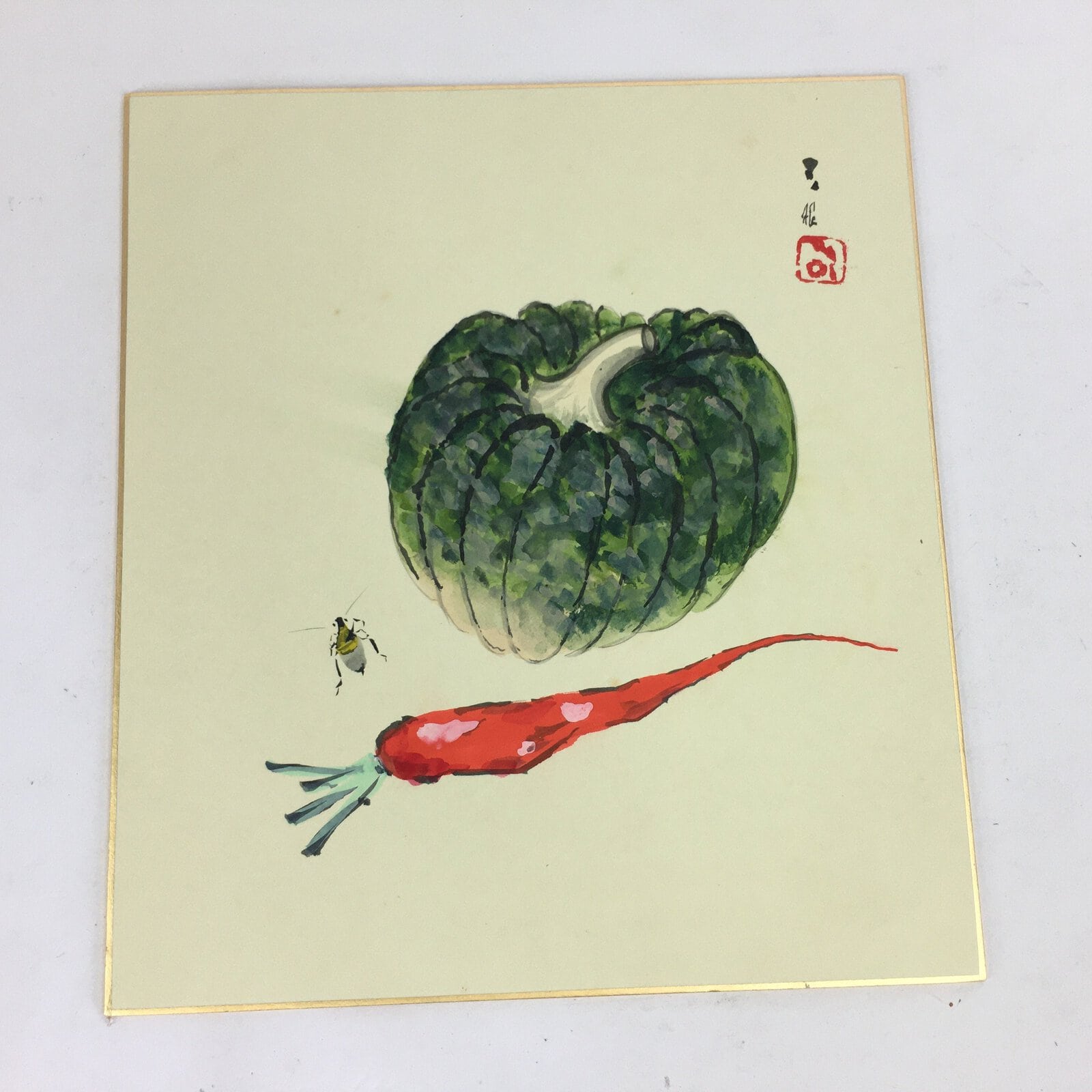 Japanese Art Board Vtg Shikishi Paper Hand Drawn Picture Pumpkin Carrot A342