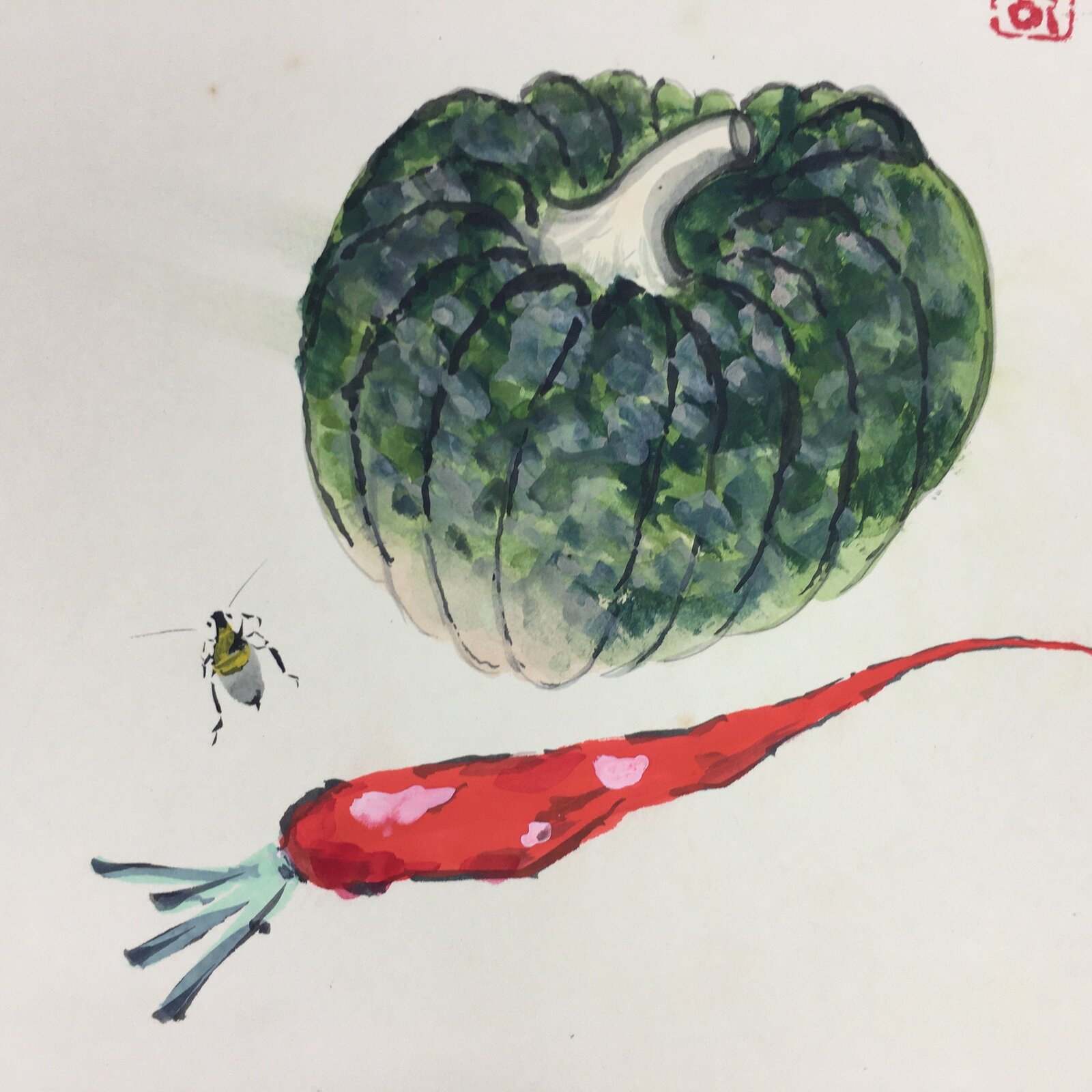 Japanese Art Board Vtg Shikishi Paper Hand Drawn Picture Pumpkin Carrot A342