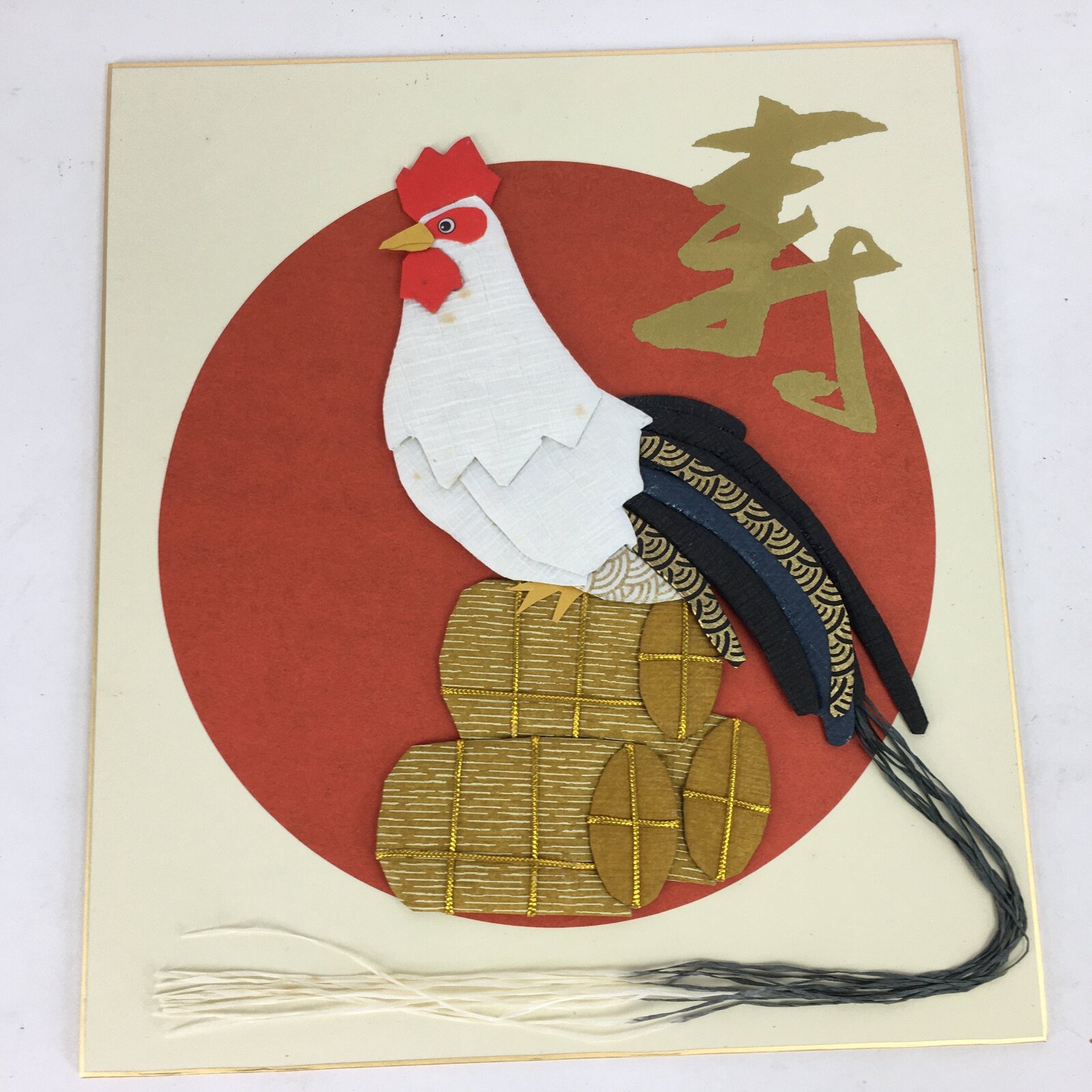Japanese Art Board Vtg Shikishi Paper Handmade Embossing Oshie Rooster A331