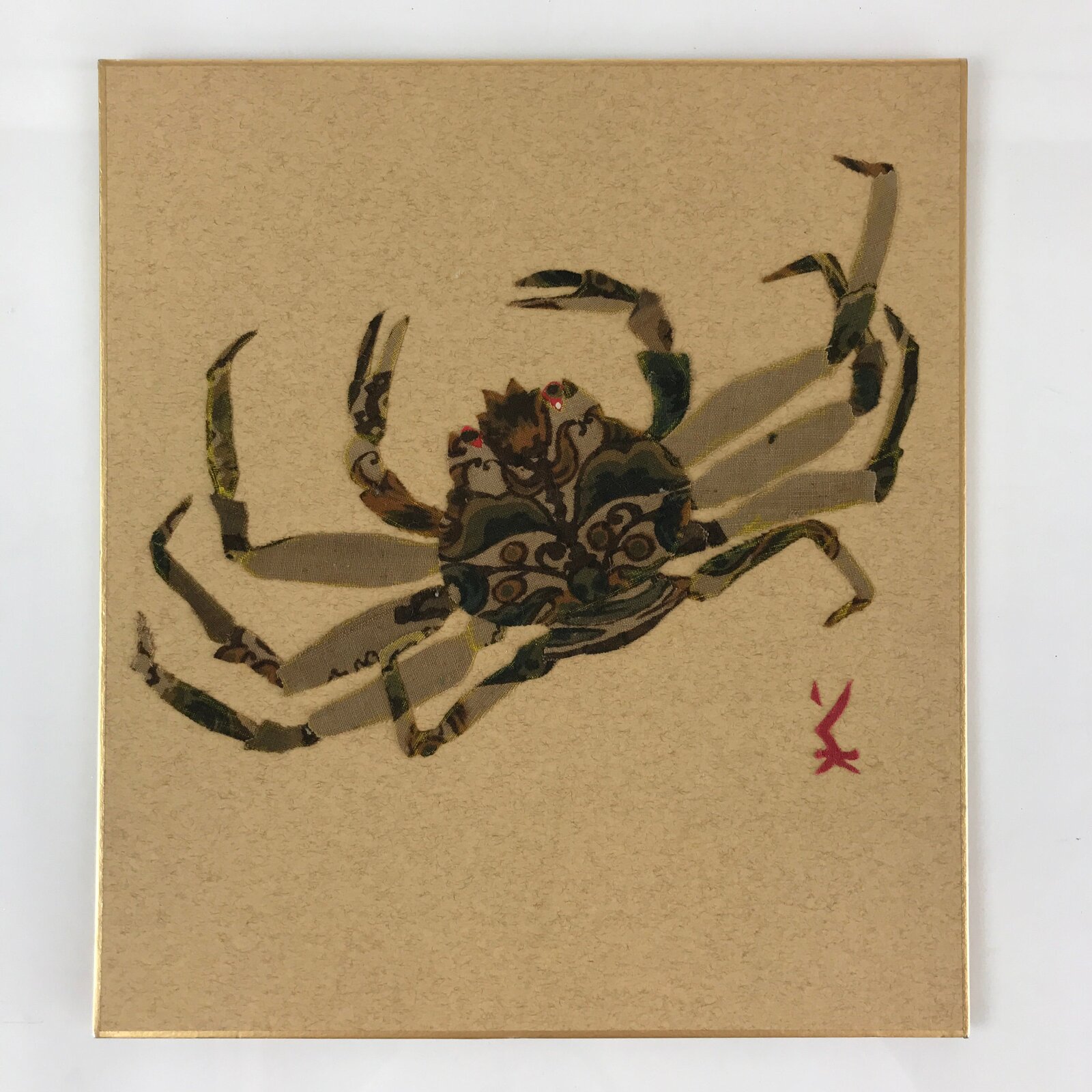 Japanese Art Board Vtg Shikishi Paper Handmade Fabric Picture Crab A447
