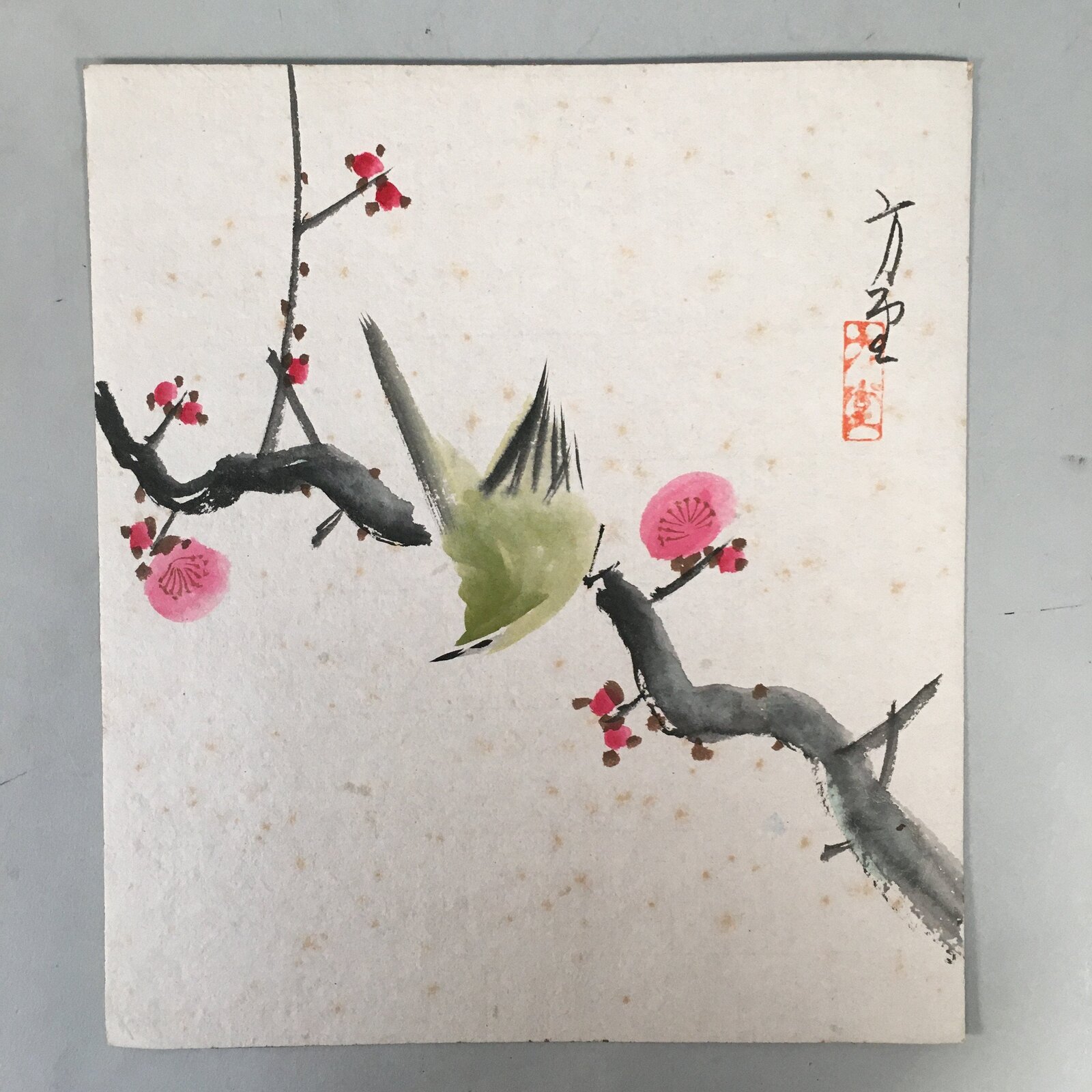 Japanese Art Board Vtg Shikishi Paper Hand-painted Plum Blossom Nightingale A312