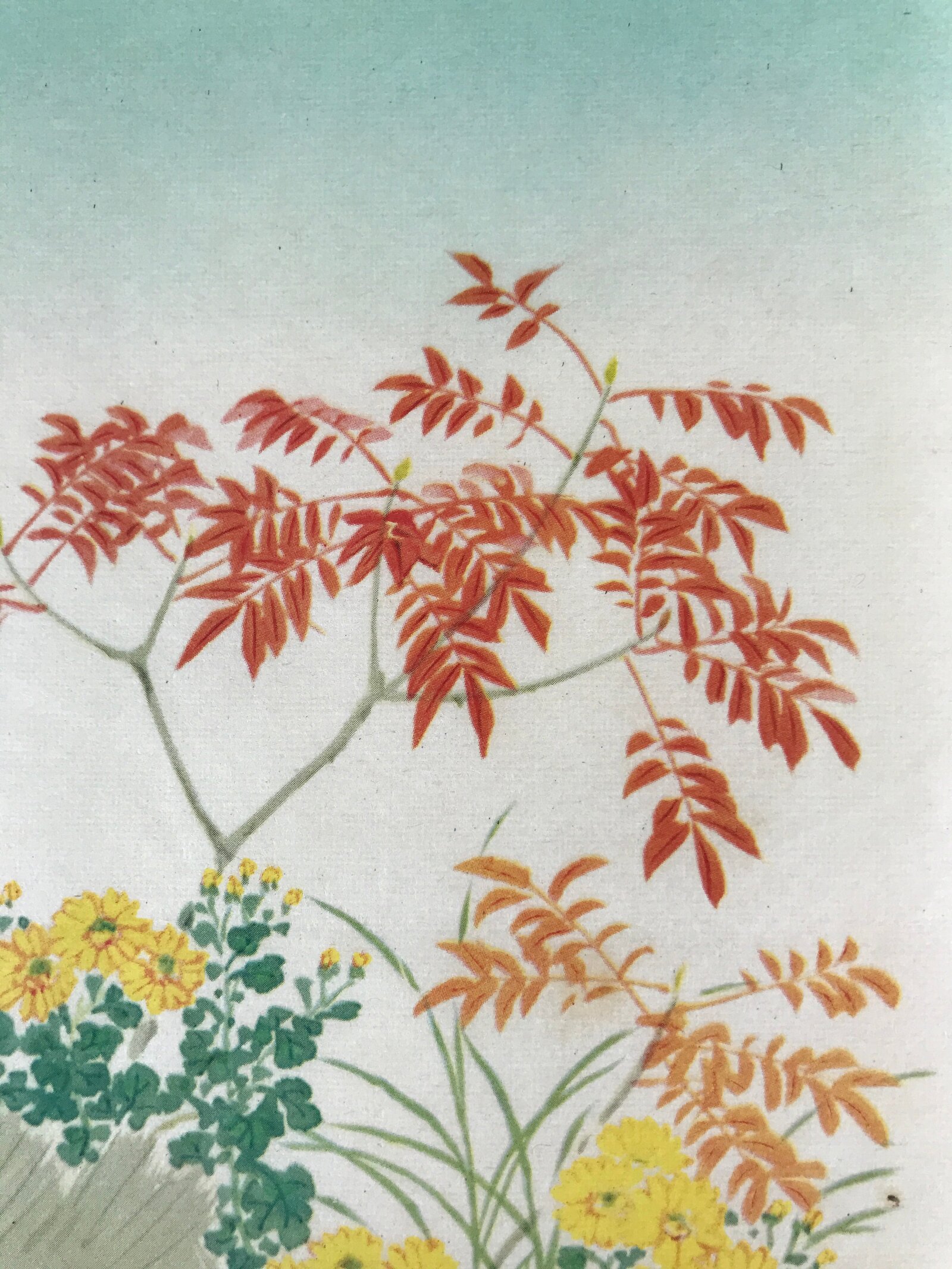 Japanese Art Print Reproduction Chrysanthemum Red Leaves Floral Painting P363