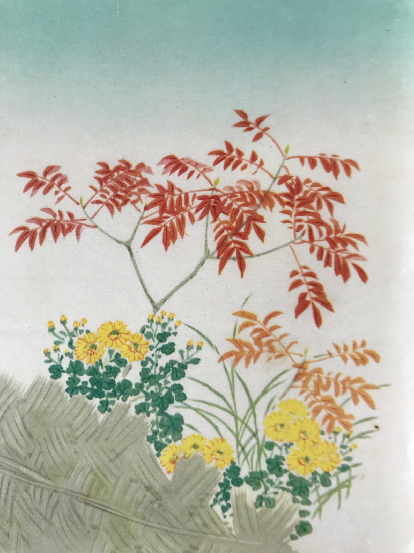 Japanese Art Print Reproduction Chrysanthemum Red Leaves Floral Painting P363
