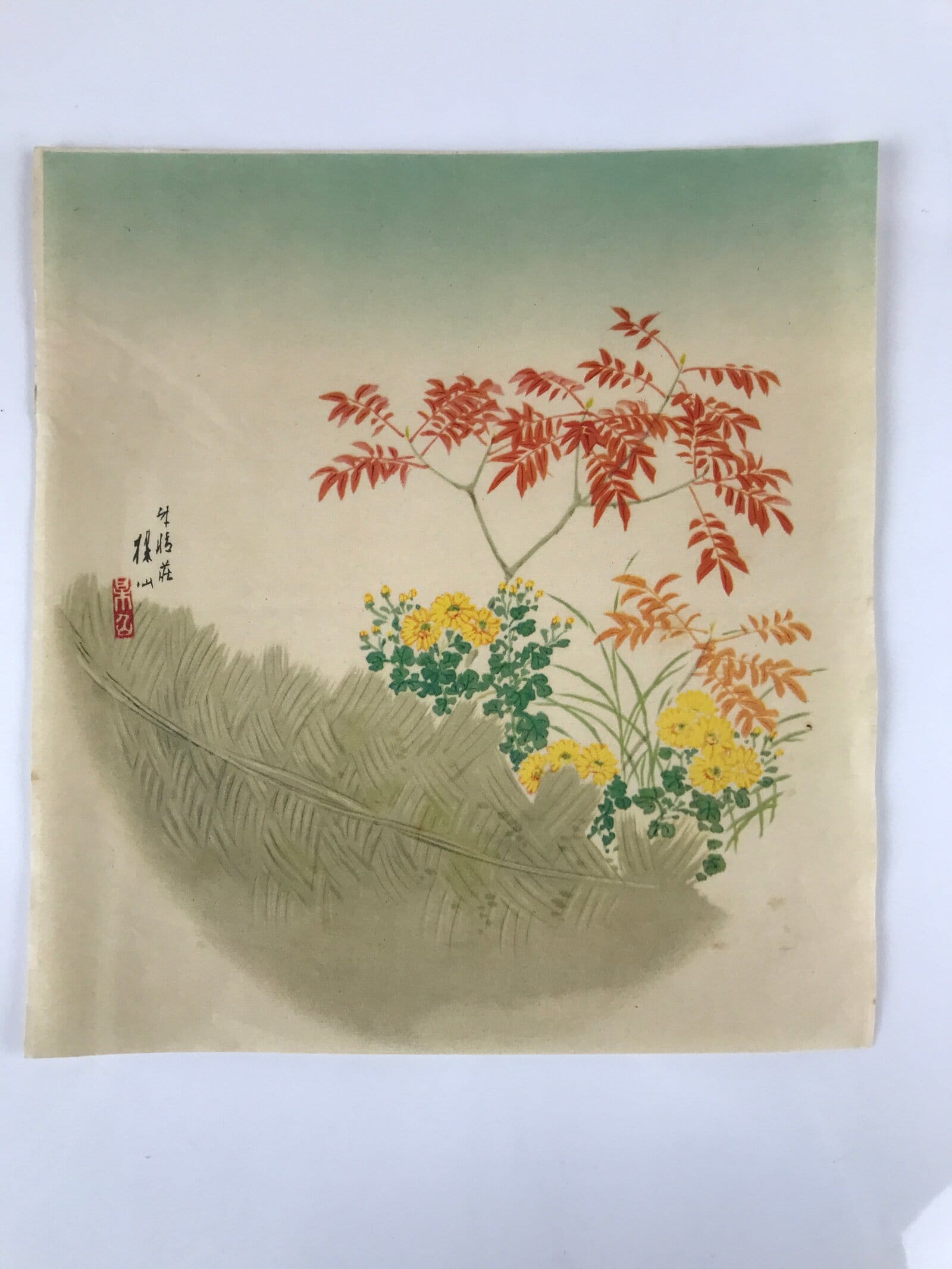 Japanese Art Print Reproduction Chrysanthemum Red Leaves Floral Painting P363