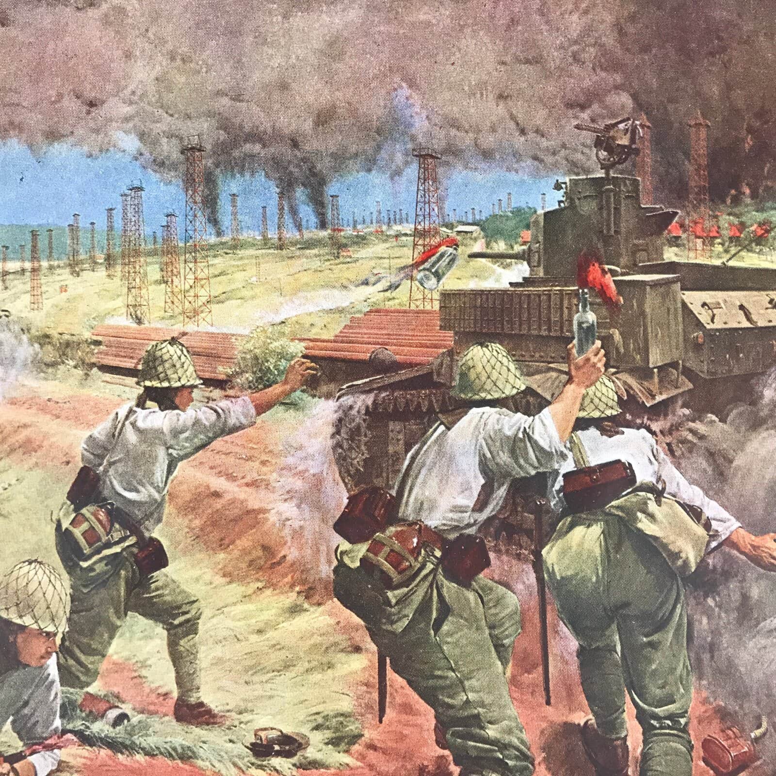 Japanese Art Print Reproduction Military Battle Yenangyaung Oilfield WWII FL489