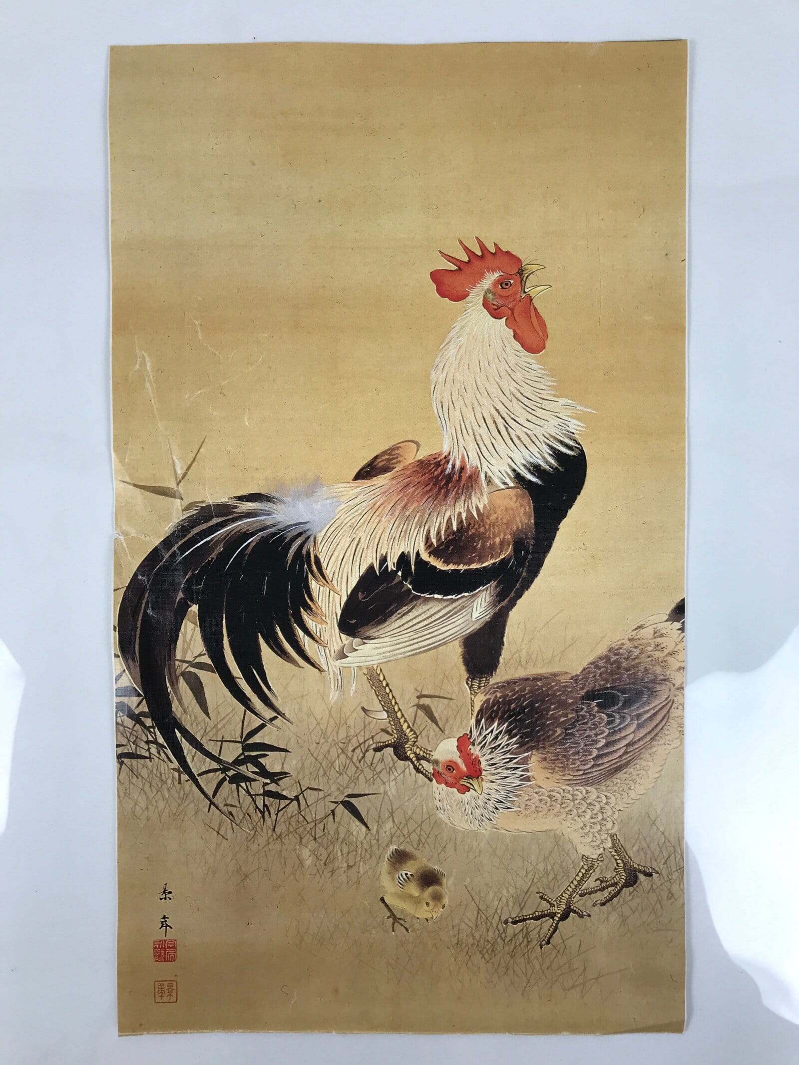 Japanese Art Print Reproduction Rooster Chicken Family Realistic Brown Red FL423