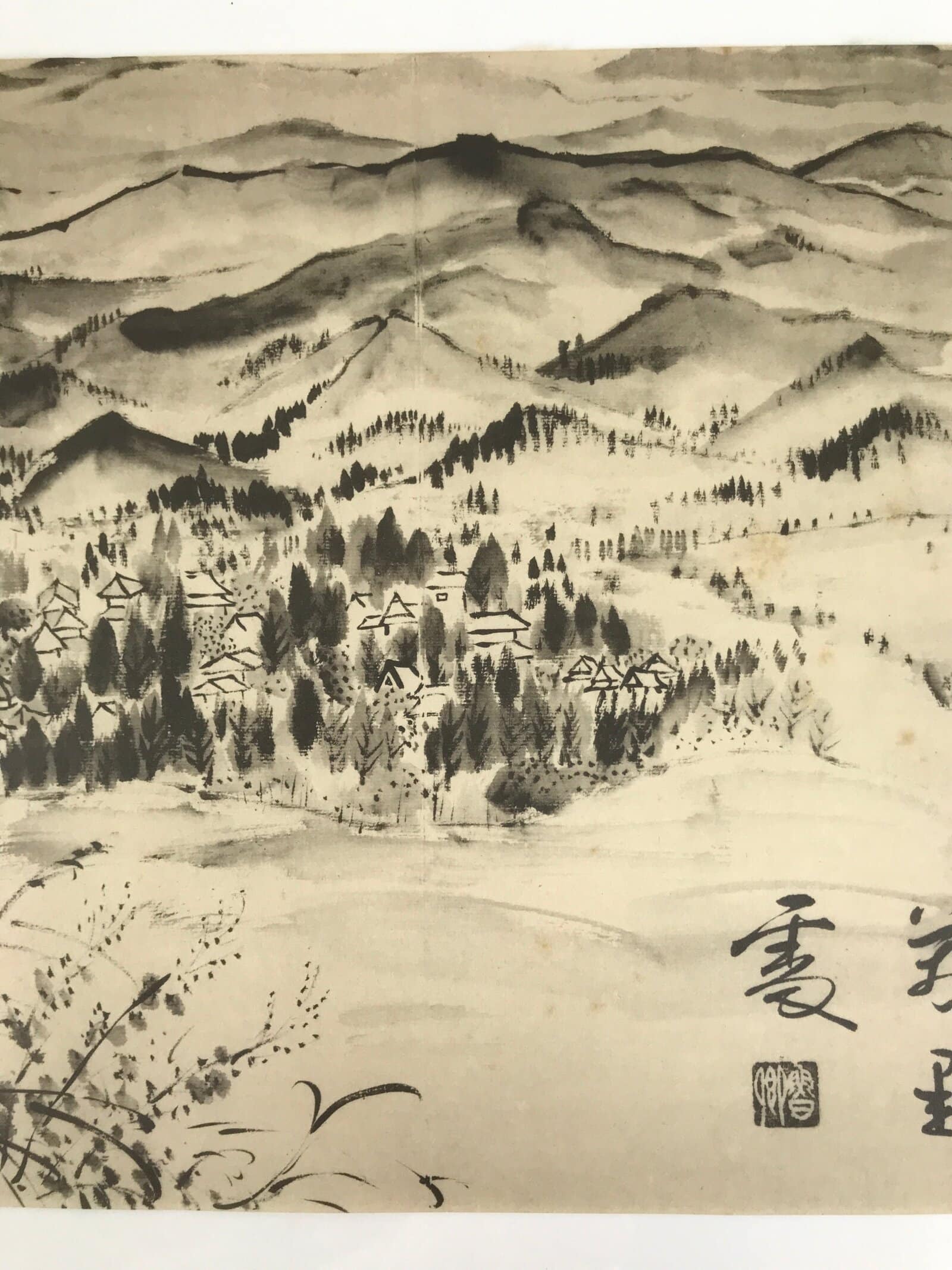 Japanese Art Print Reproduction Village Mountain Landscape Monochrome FL431