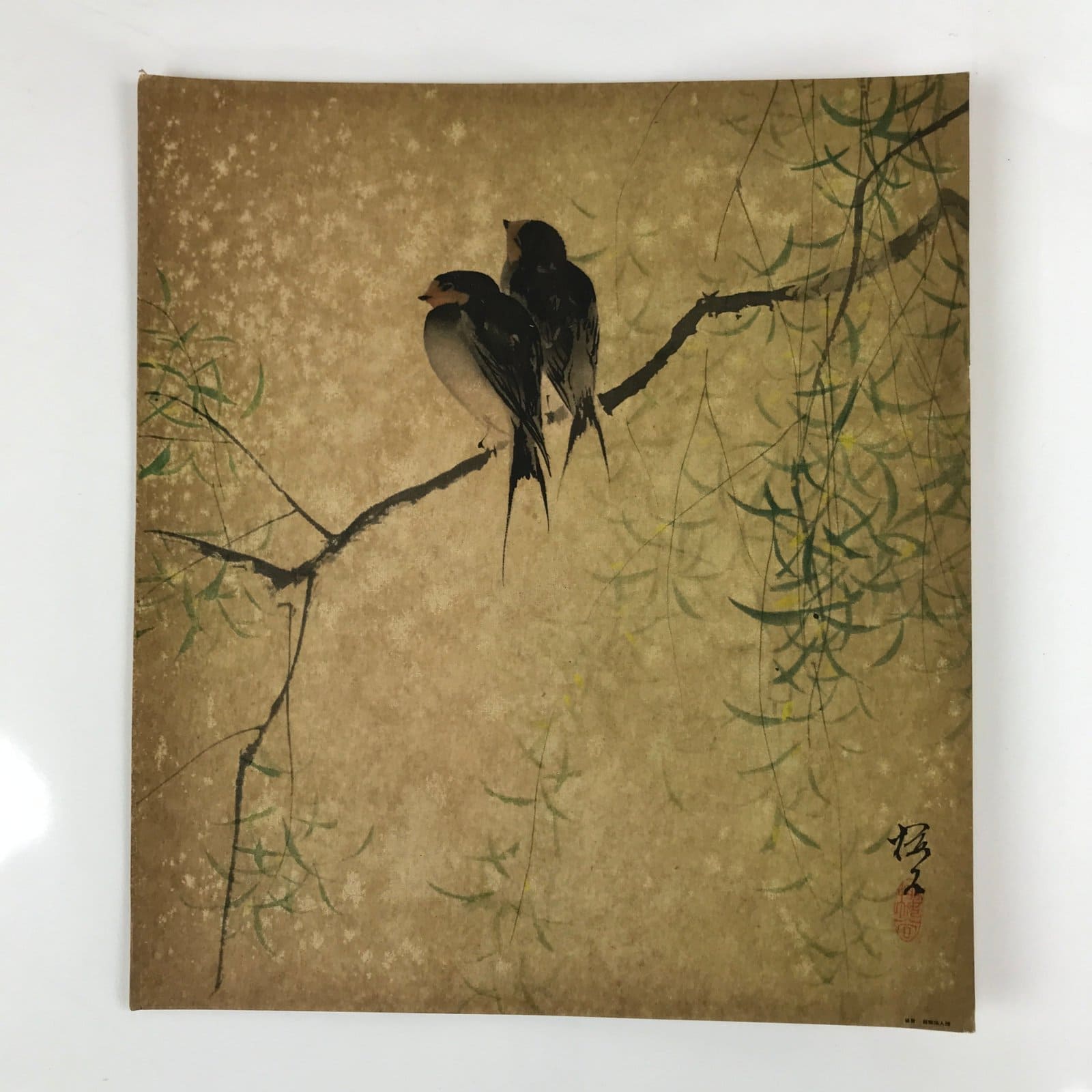 Japanese Art Print Reproduction Vtg Barn Swallows Willow Kacho Painting P358