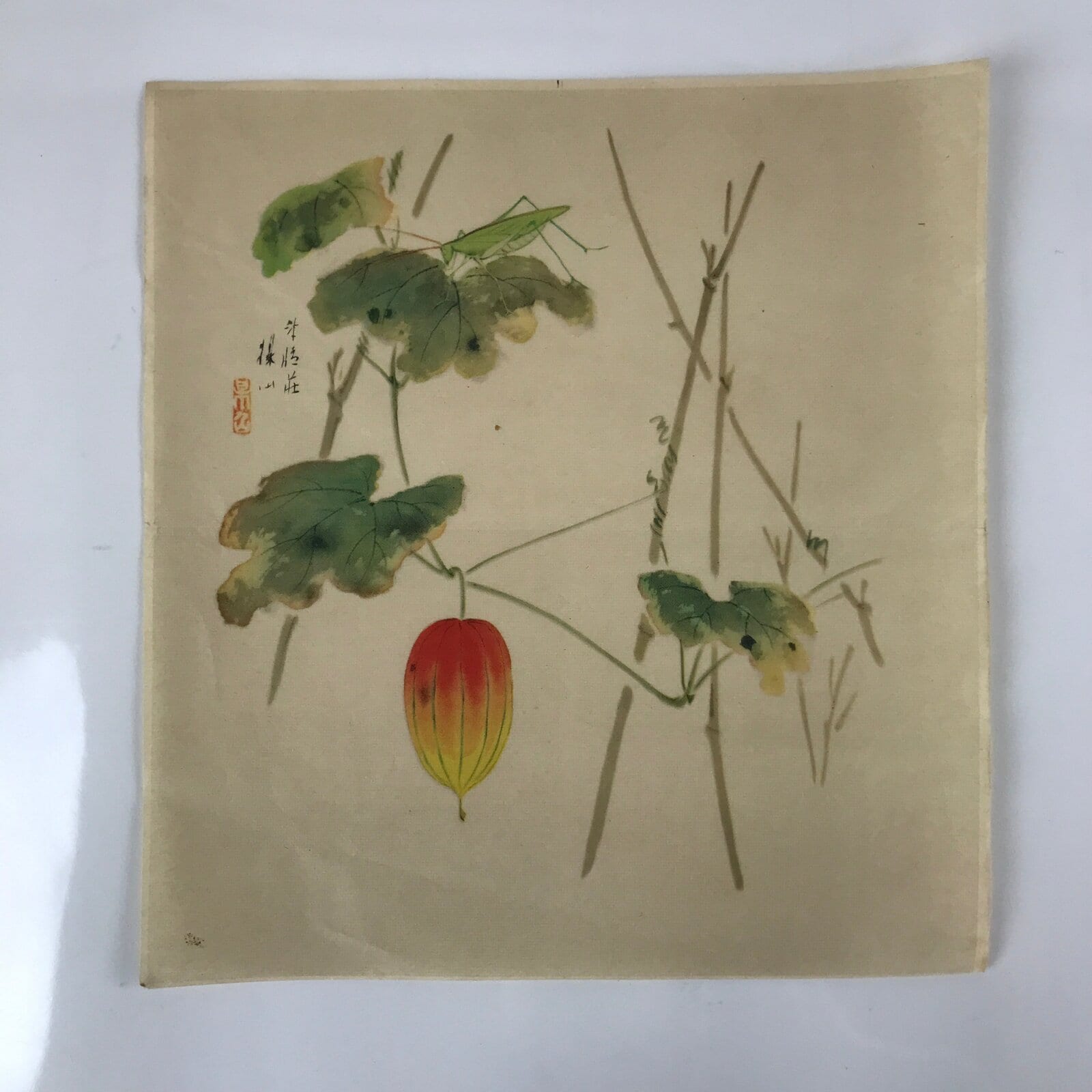 Japanese Art Print Reproduction Vtg Snake Gourd Grasshopper Painting P366