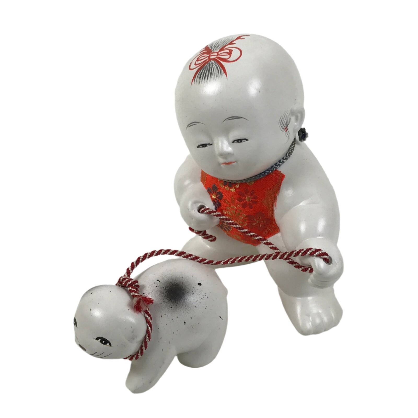 Japanese Baby Dog Clay Doll Vtg Ningyo Chubby White Apron Orange Figurine ST47