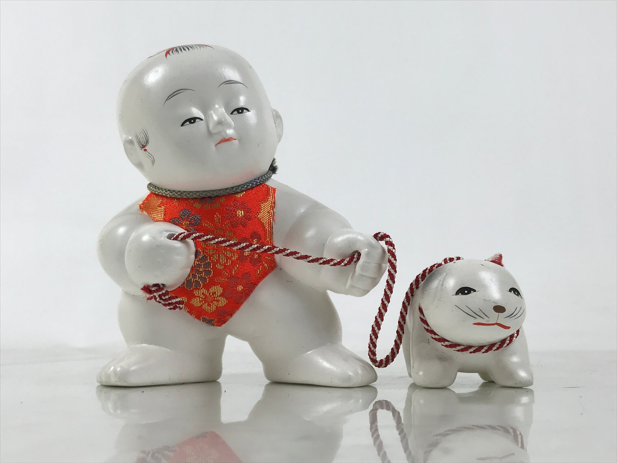 Japanese Baby Dog Clay Doll Vtg Ningyo Chubby White Apron Orange Figurine ST47
