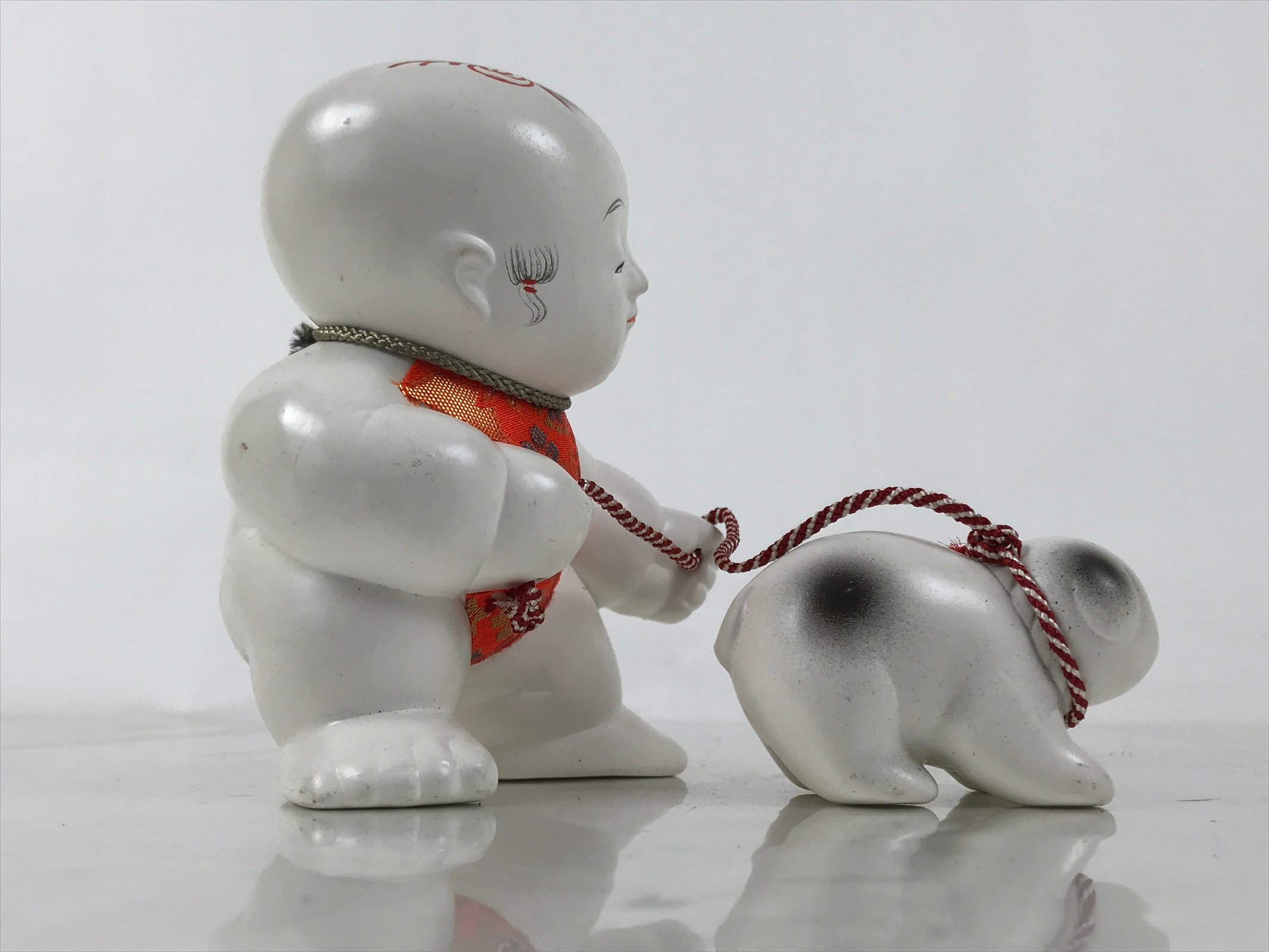 Japanese Baby Dog Clay Doll Vtg Ningyo Chubby White Apron Orange Figurine ST47