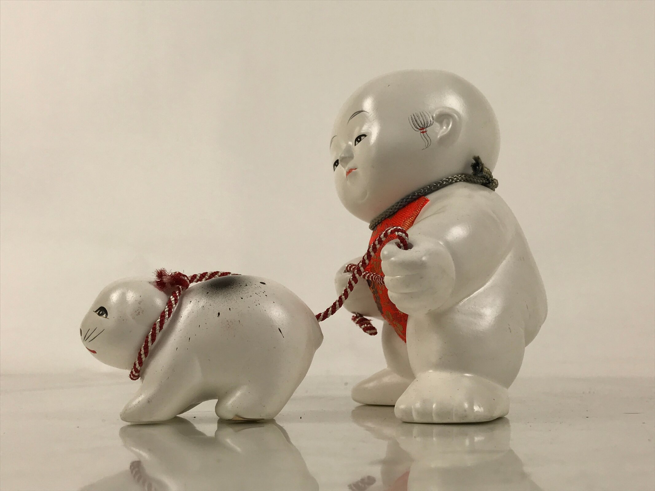 Japanese Baby Dog Clay Doll Vtg Ningyo Chubby White Apron Orange Figurine ST47