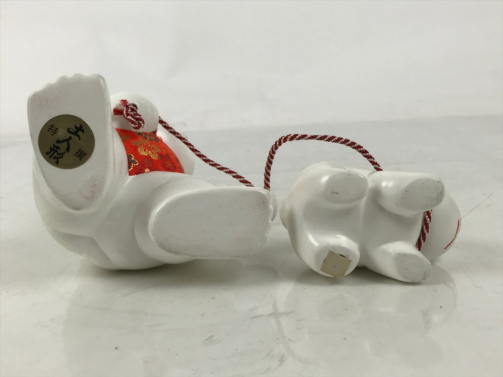 Japanese Baby Dog Clay Doll Vtg Ningyo Chubby White Apron Orange Figurine ST47