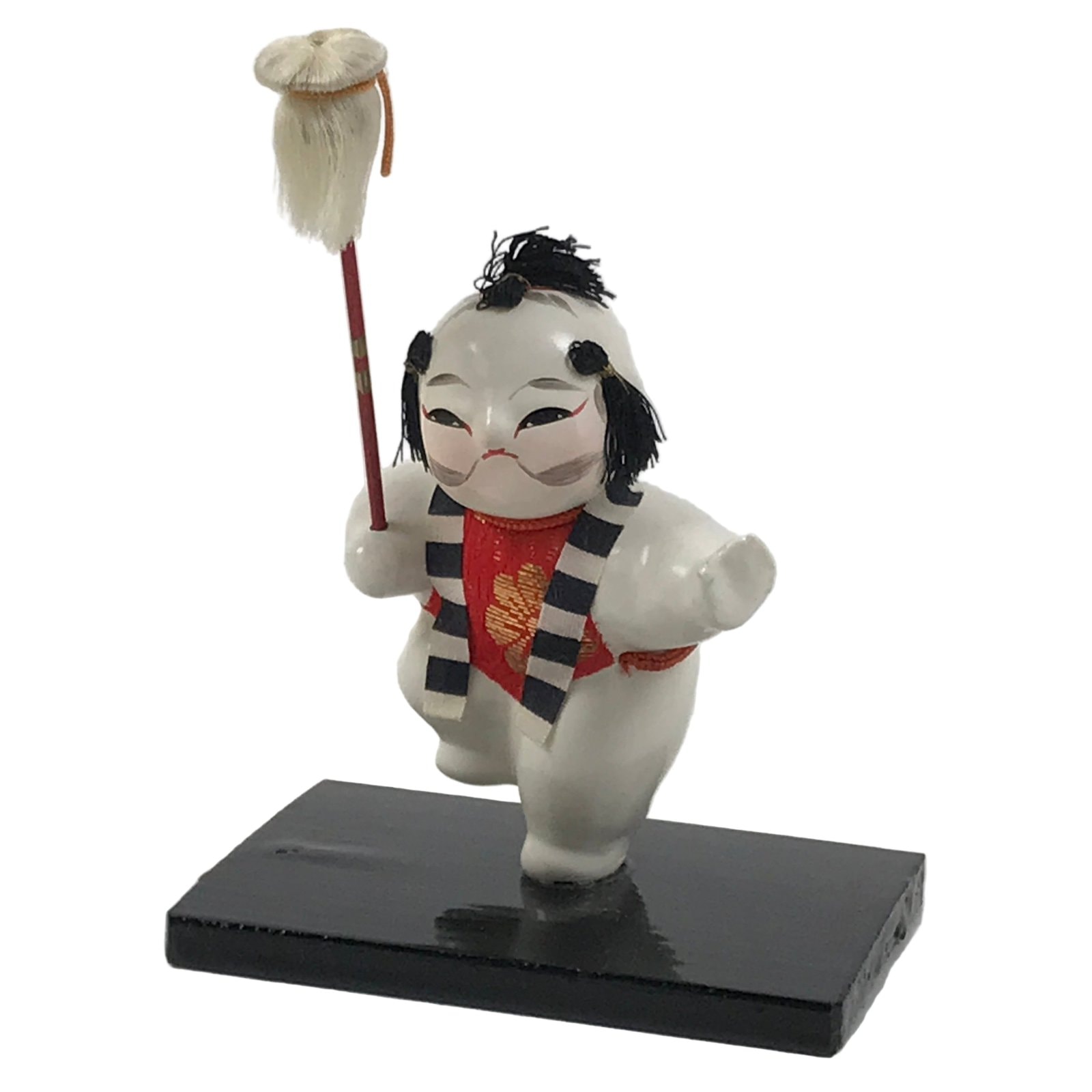 Japanese Baby Wooden Figurine Vtg Kaga Ningyo Chubby White Apron Spear Doll ST48