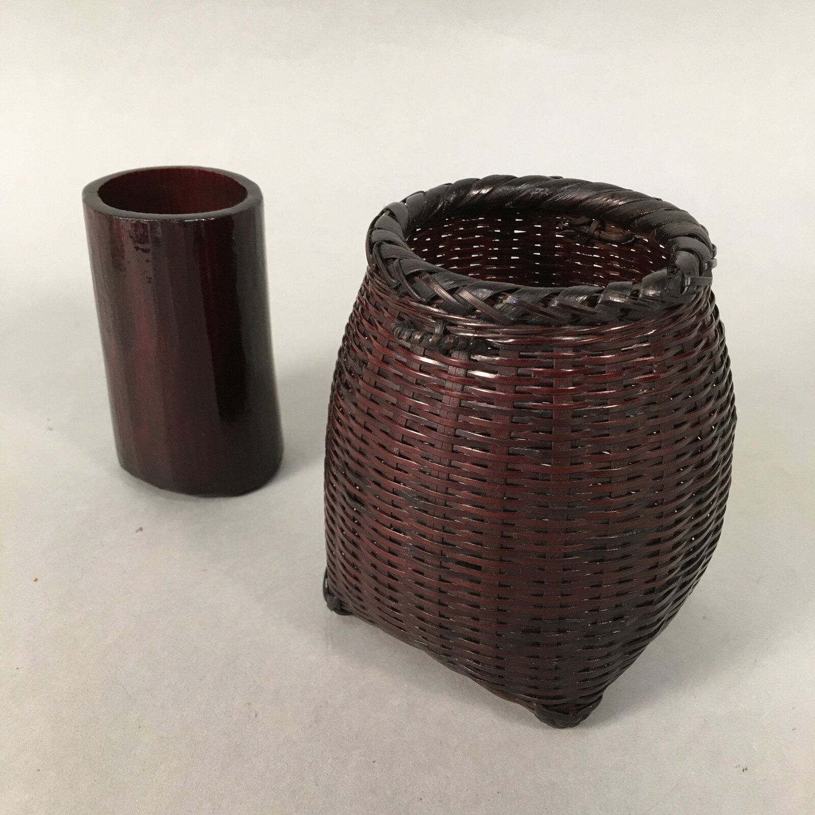 Japanese Bamboo Basket Vtg Flower Vase Ikebana Arrangement Kado B137