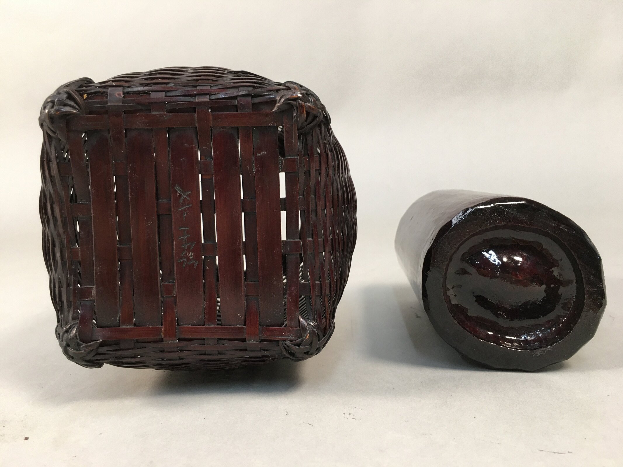 Japanese Bamboo Basket Vtg Flower Vase Ikebana Arrangement Kado B137