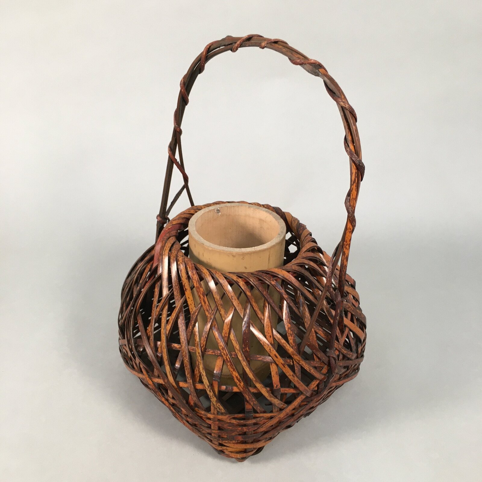 Japanese Bamboo Basket Vtg Flower Vase Ikebana Arrangement Kado B145