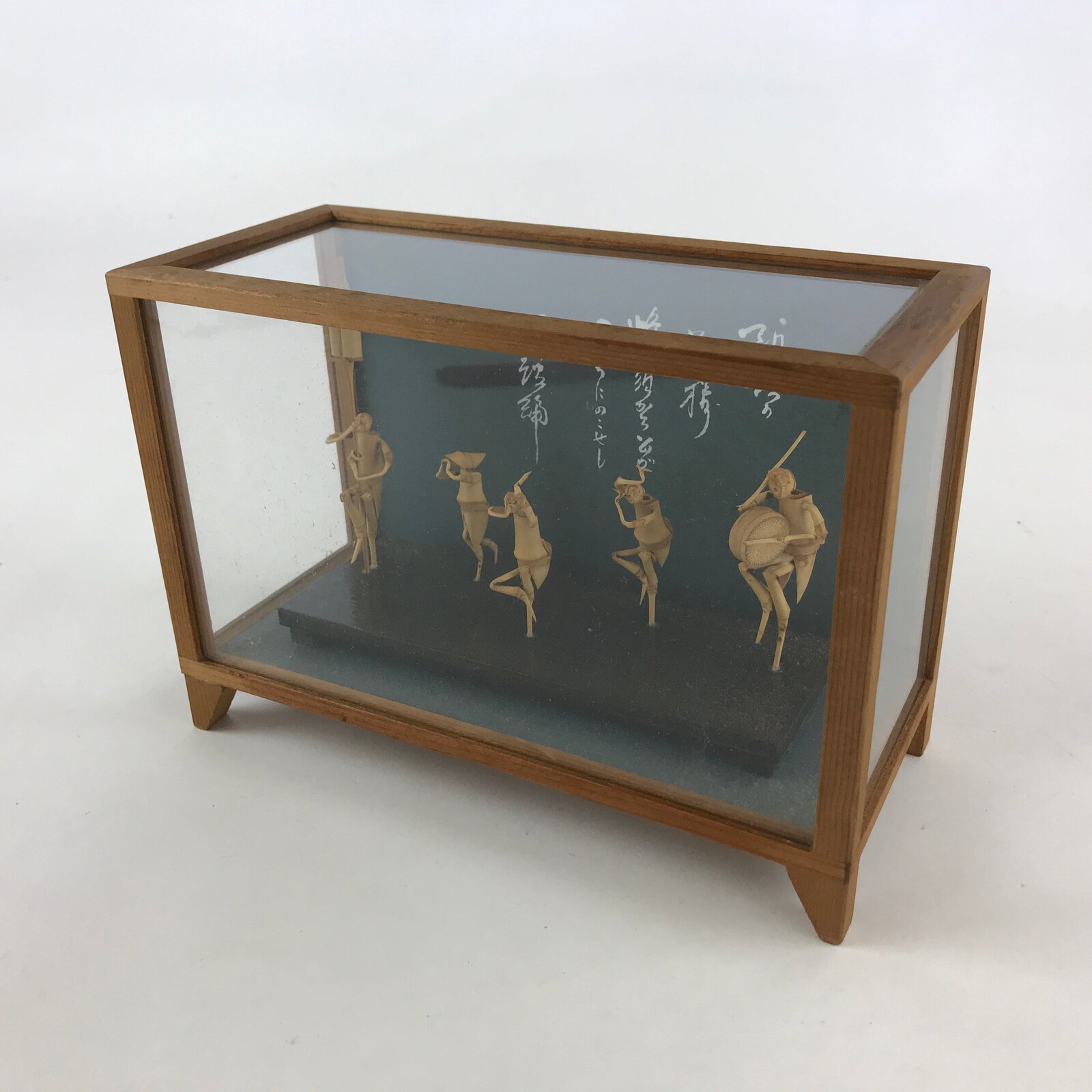 Japanese Bamboo Dolls Figurines Glass Case Vtg Awa Odori Dance Festival BD916