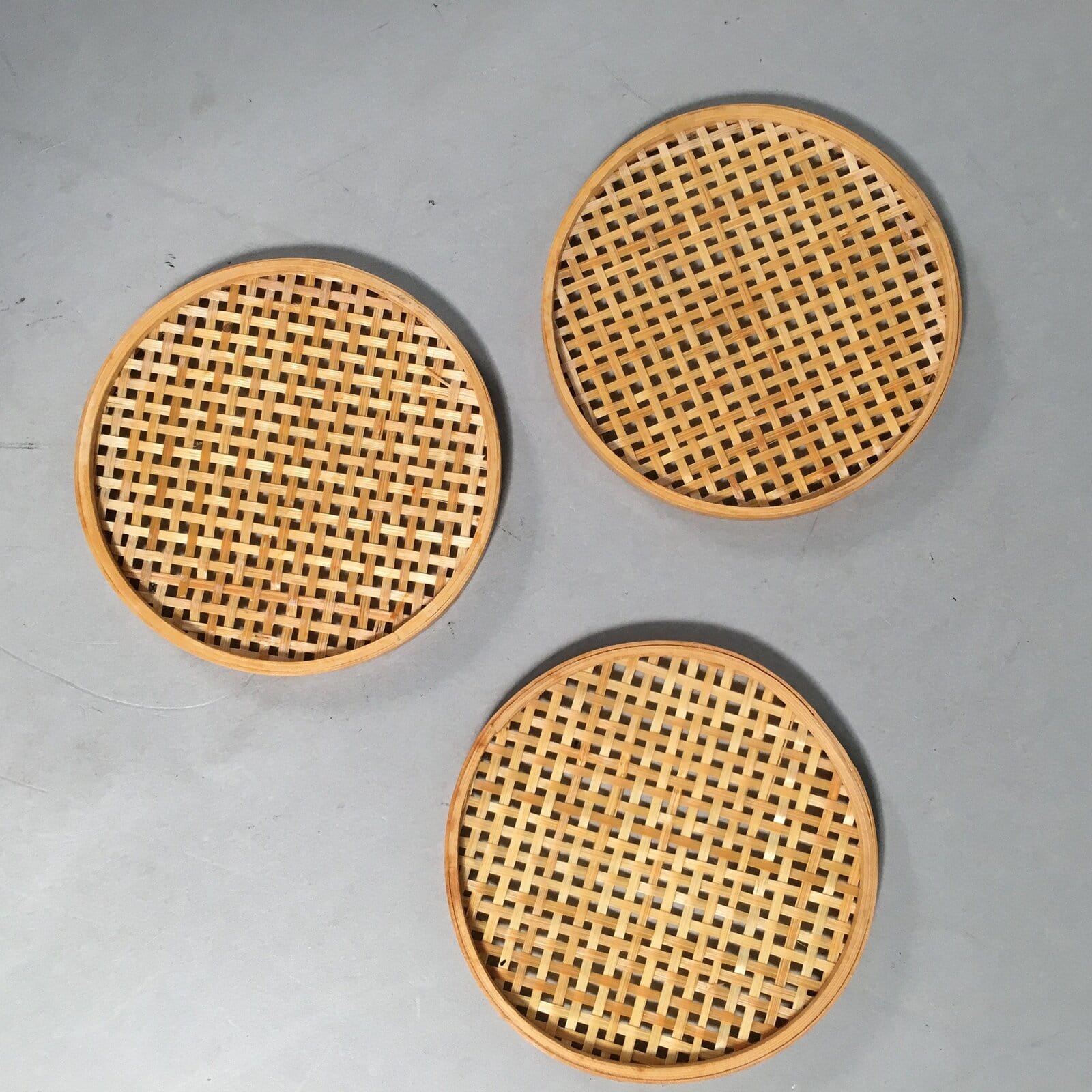 Japanese Bamboo Drink Coaster Saucer 3pc Set Vtg Chataku Round UR475