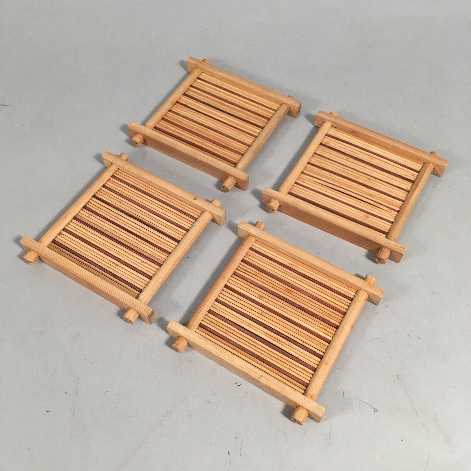 Japanese Bamboo Drink Coaster Saucer 4pc Set Vtg Chataku Square PX511