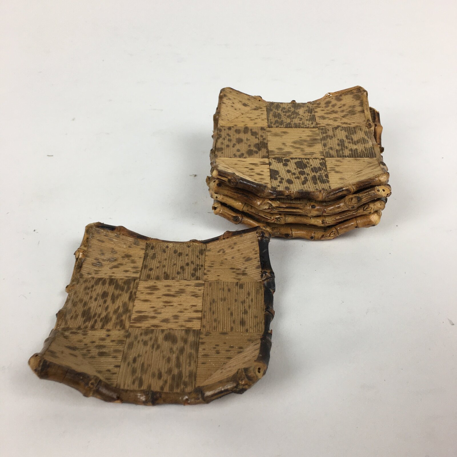 Japanese Bamboo Drink Coaster Saucer 5pc Set Vtg Chataku Brown JK271