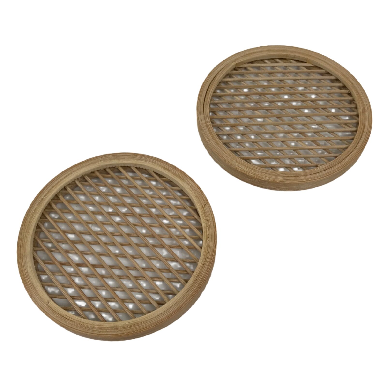 Japanese Bamboo Drink Saucer Pair Vtg Chataku Coaster Brown Mesh Round L517