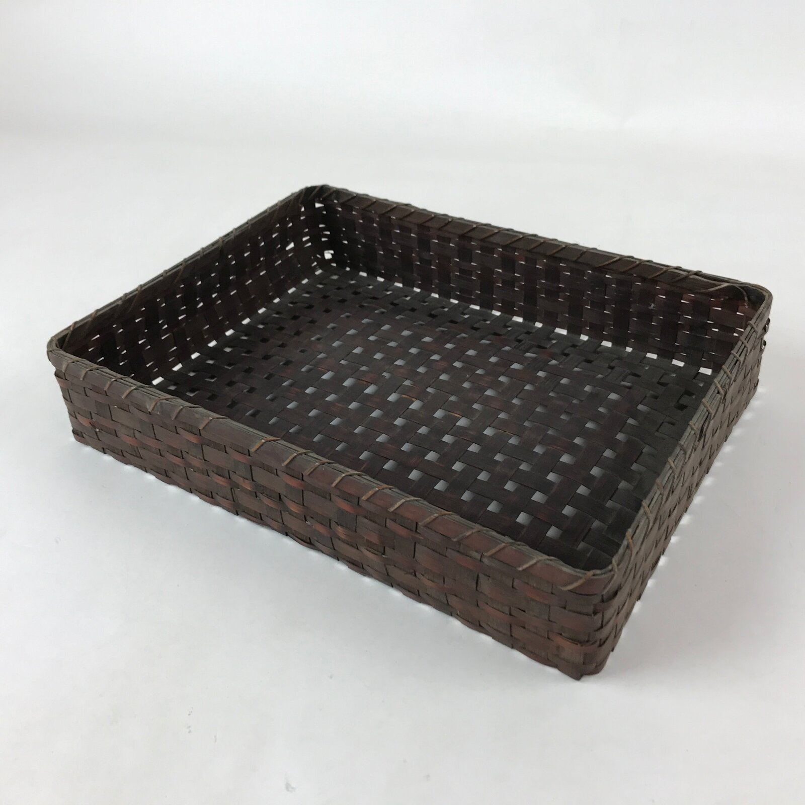 Japanese Bamboo Flat Basket Vtg Tabletop Kago Document Storage Woven Brown B225